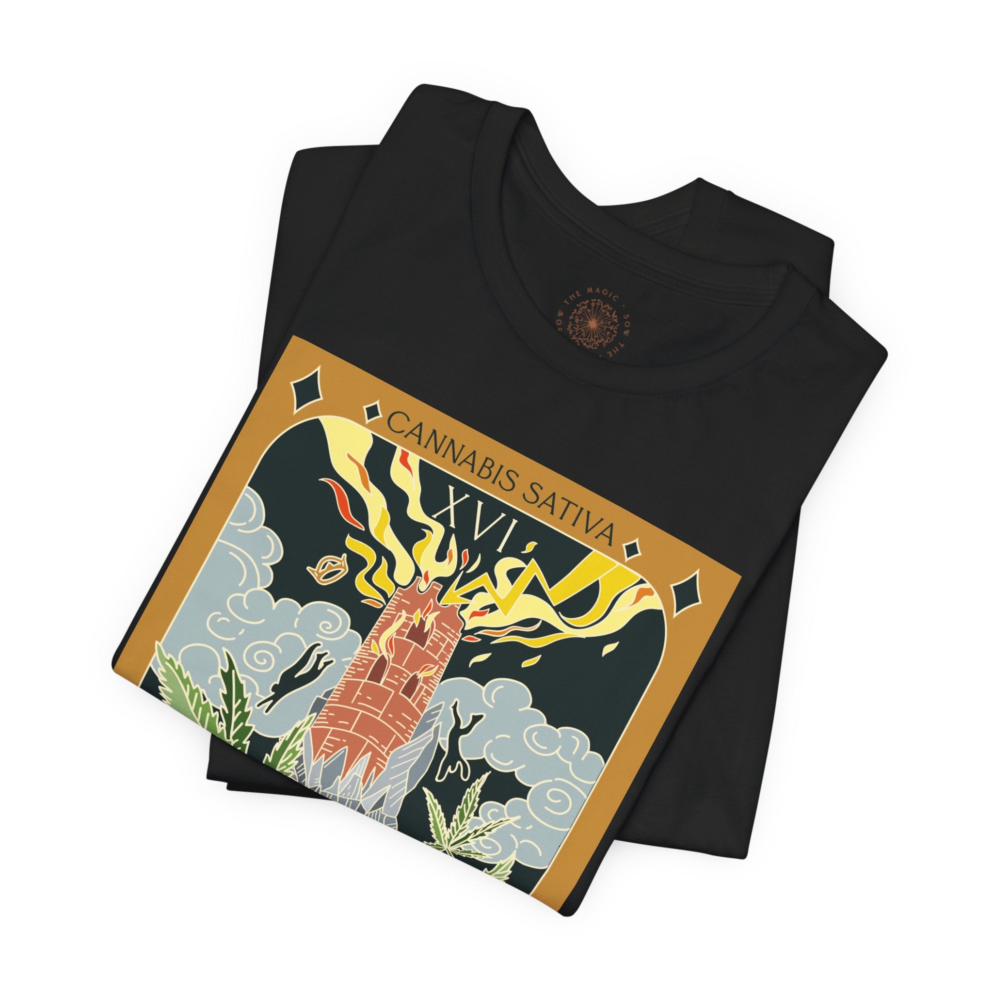 🌿 The Tower – Cannabis Sativa Botanical Tarot Card Unisex Graphic Tee