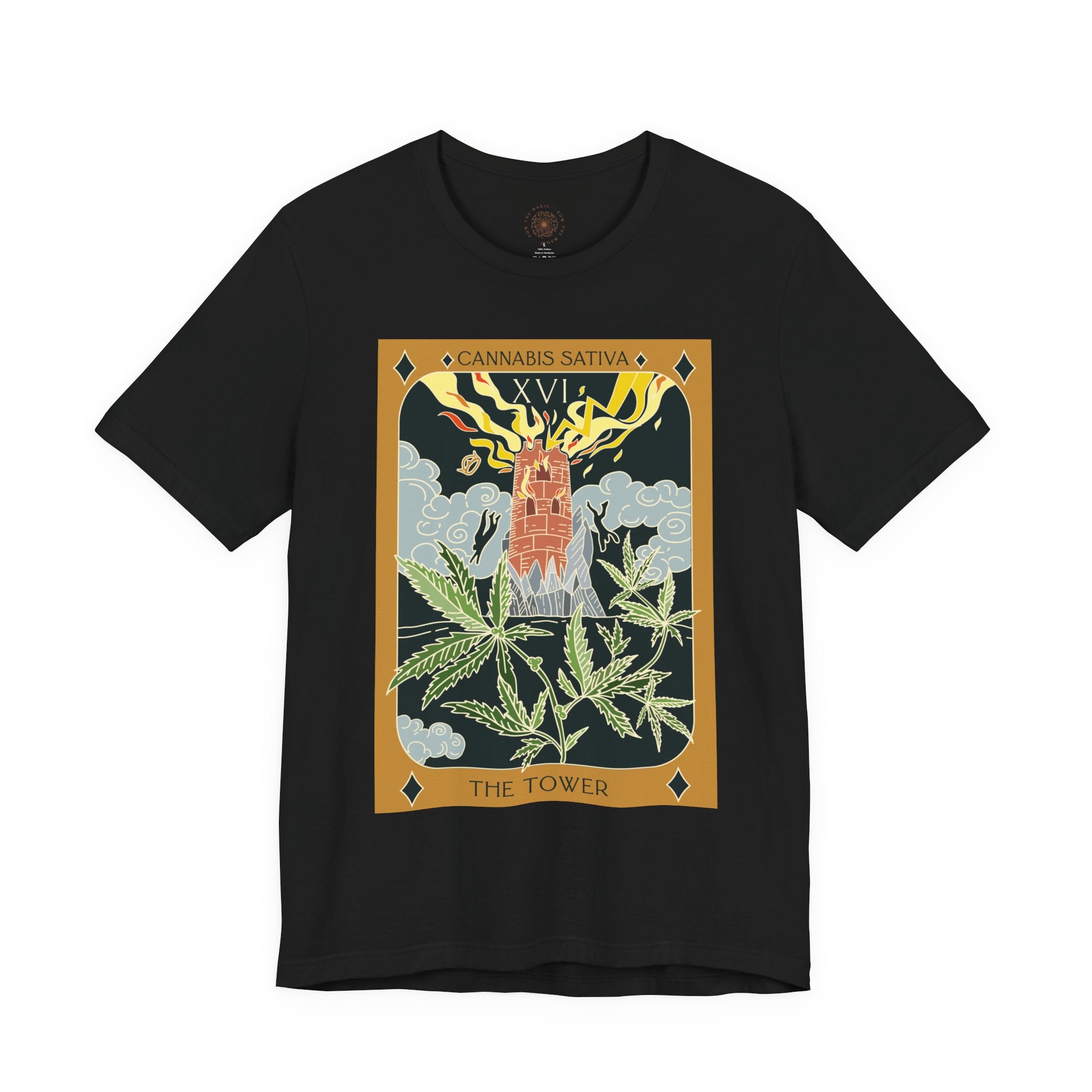 🌿 The Tower – Cannabis Sativa Botanical Tarot Card Unisex Graphic Tee