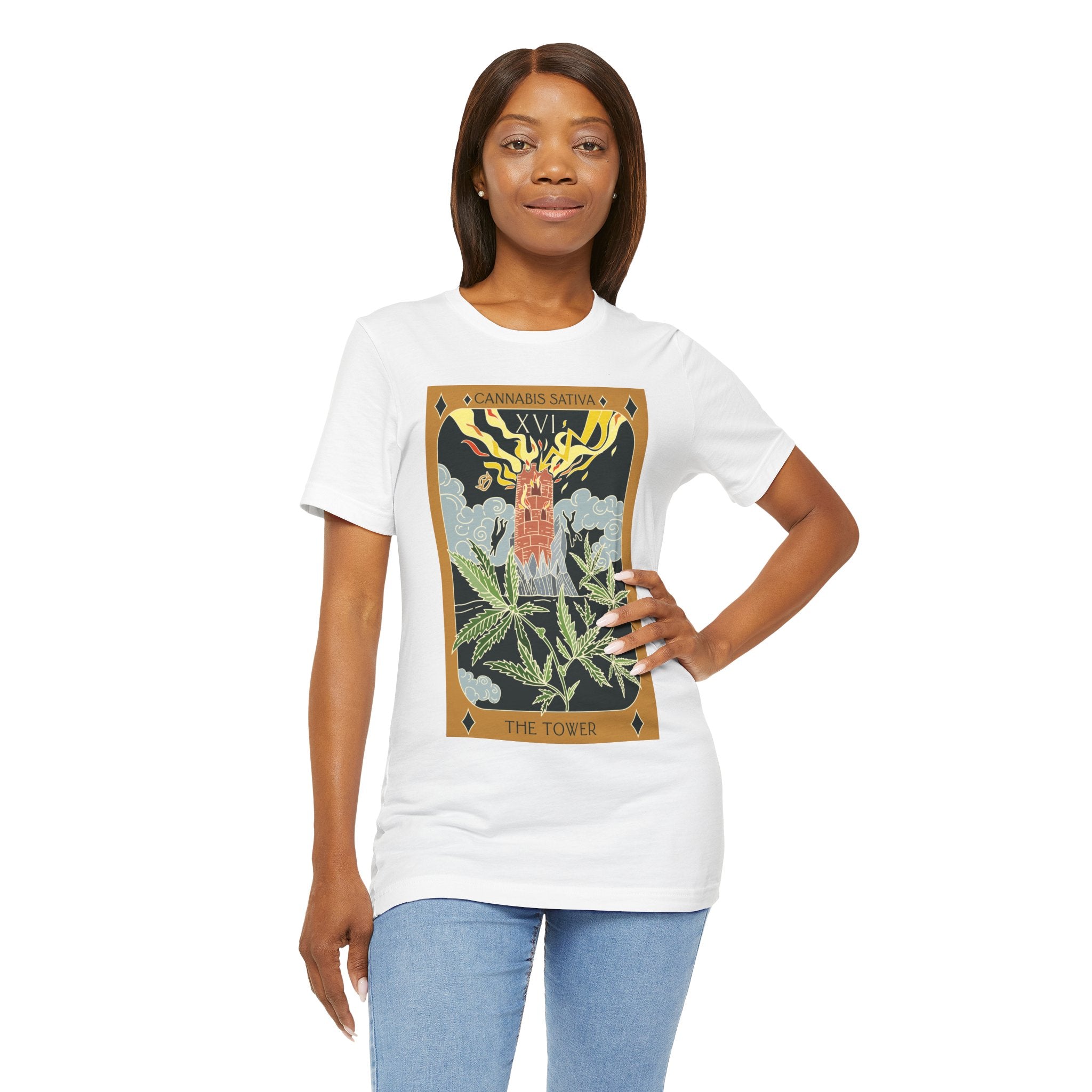 🌿 The Tower – Cannabis Sativa Botanical Tarot Card Unisex Graphic Tee
