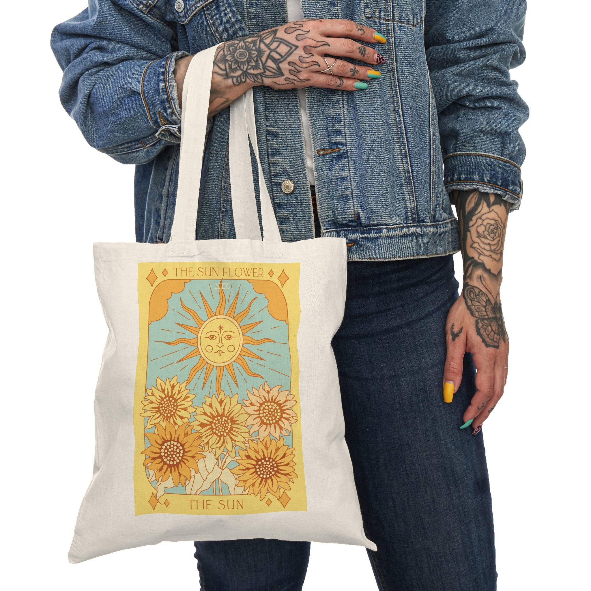 Tarot-Inspired The Sunflower + Poppy Star Cotton Canvas Tote Bag for Gardening Enthusiasts