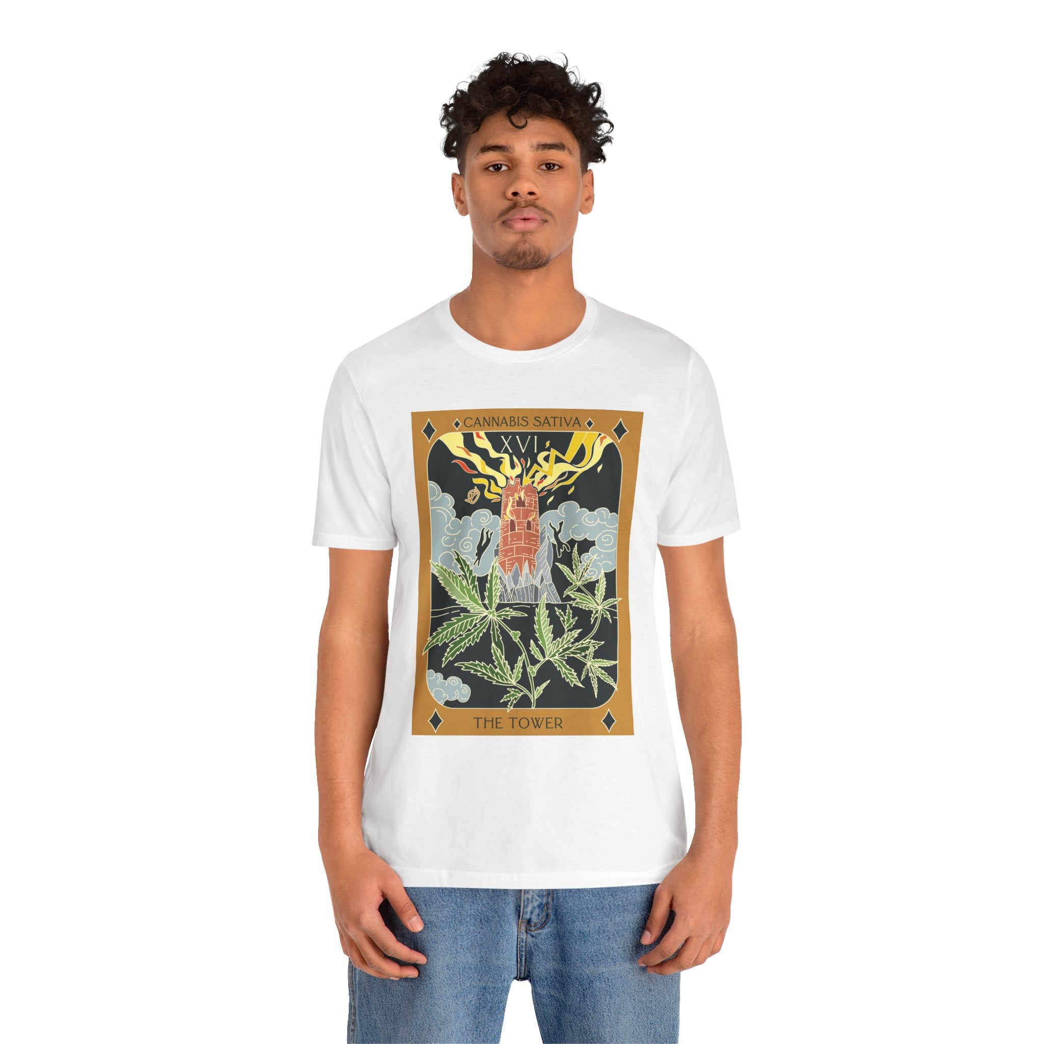 🌿 The Tower – Cannabis Sativa Botanical Tarot Card Unisex Graphic Tee