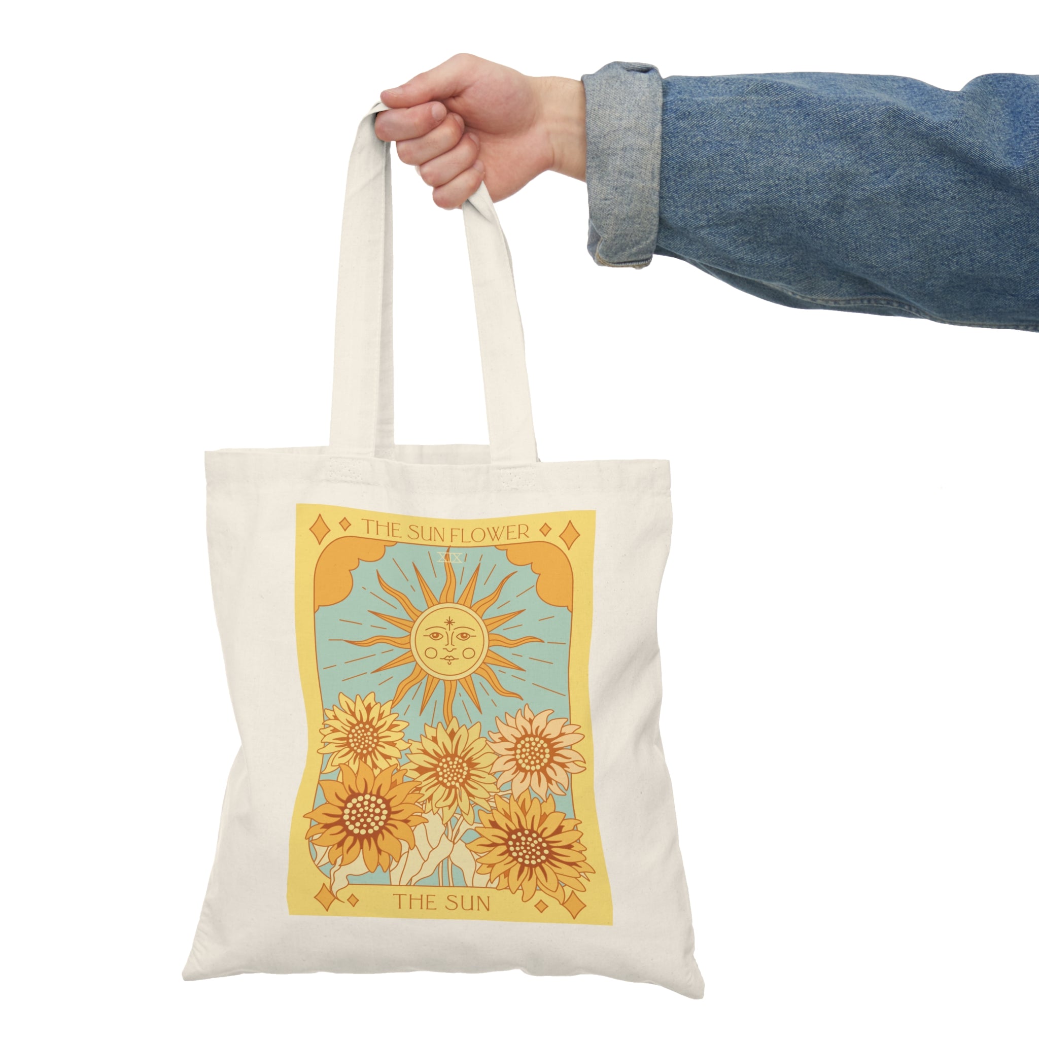 Tarot-Inspired The Sunflower + Poppy Star Cotton Canvas Tote Bag for Gardening Enthusiasts