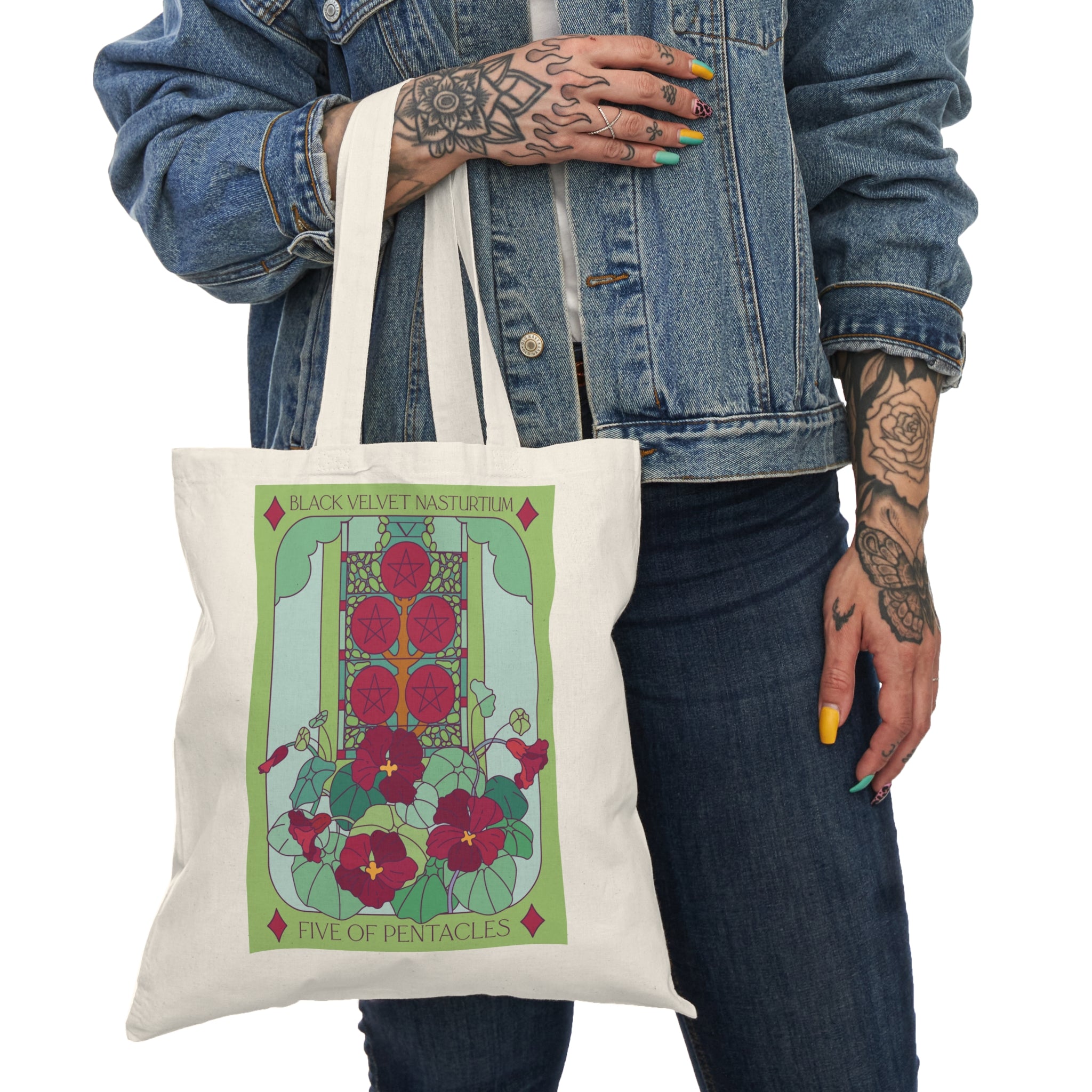 Tarot-Inspired The Moonflower + Black Velvet Nasturtium Cotton Canvas Tote Bag for Gardening Enthusiasts
