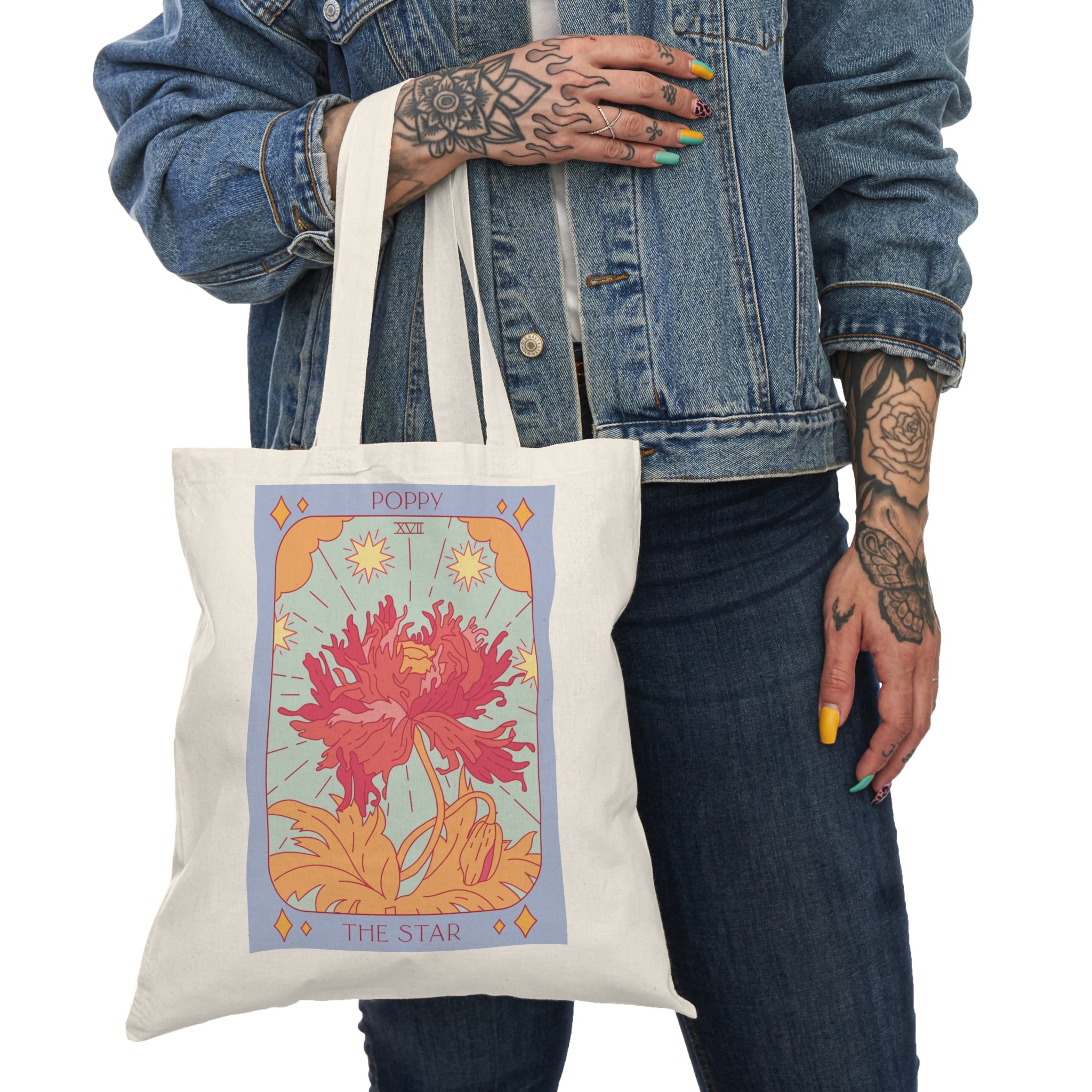 Tarot-Inspired The Sunflower + Poppy Star Cotton Canvas Tote Bag for Gardening Enthusiasts