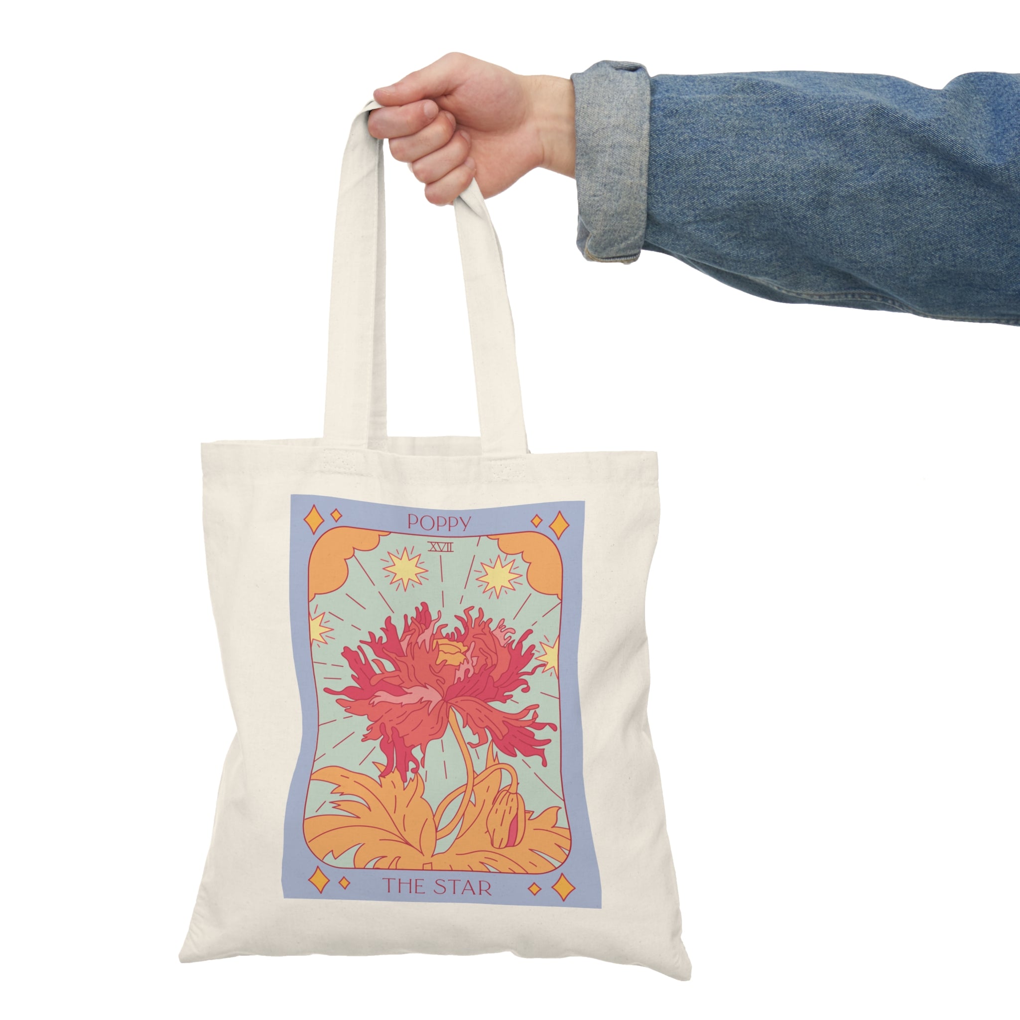 Tarot-Inspired The Sunflower + Poppy Star Cotton Canvas Tote Bag for Gardening Enthusiasts