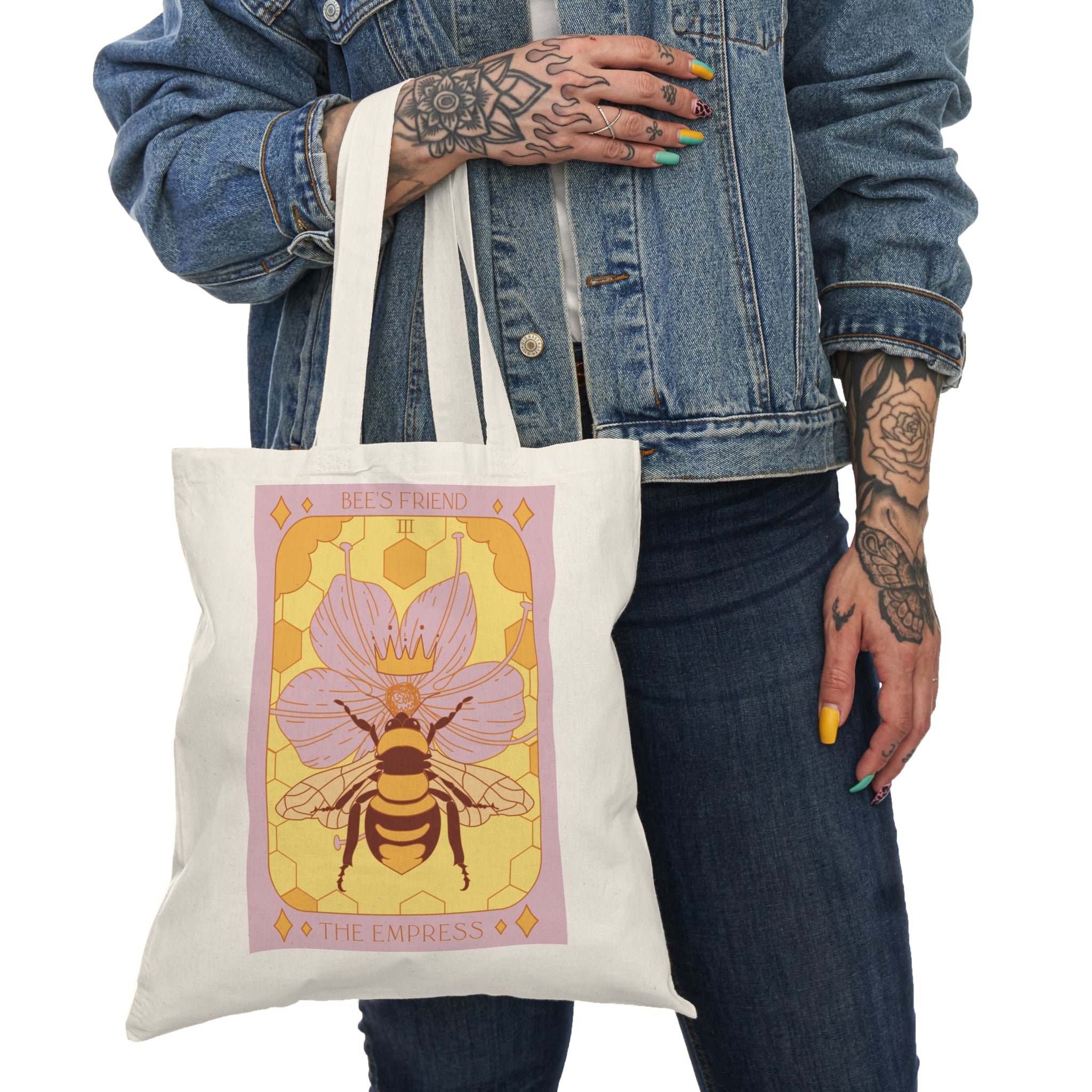 Tarot-Inspired Empress Bee + Strength in Echinacea Cotton Canvas Tote Bag for Gardening Enthusiasts