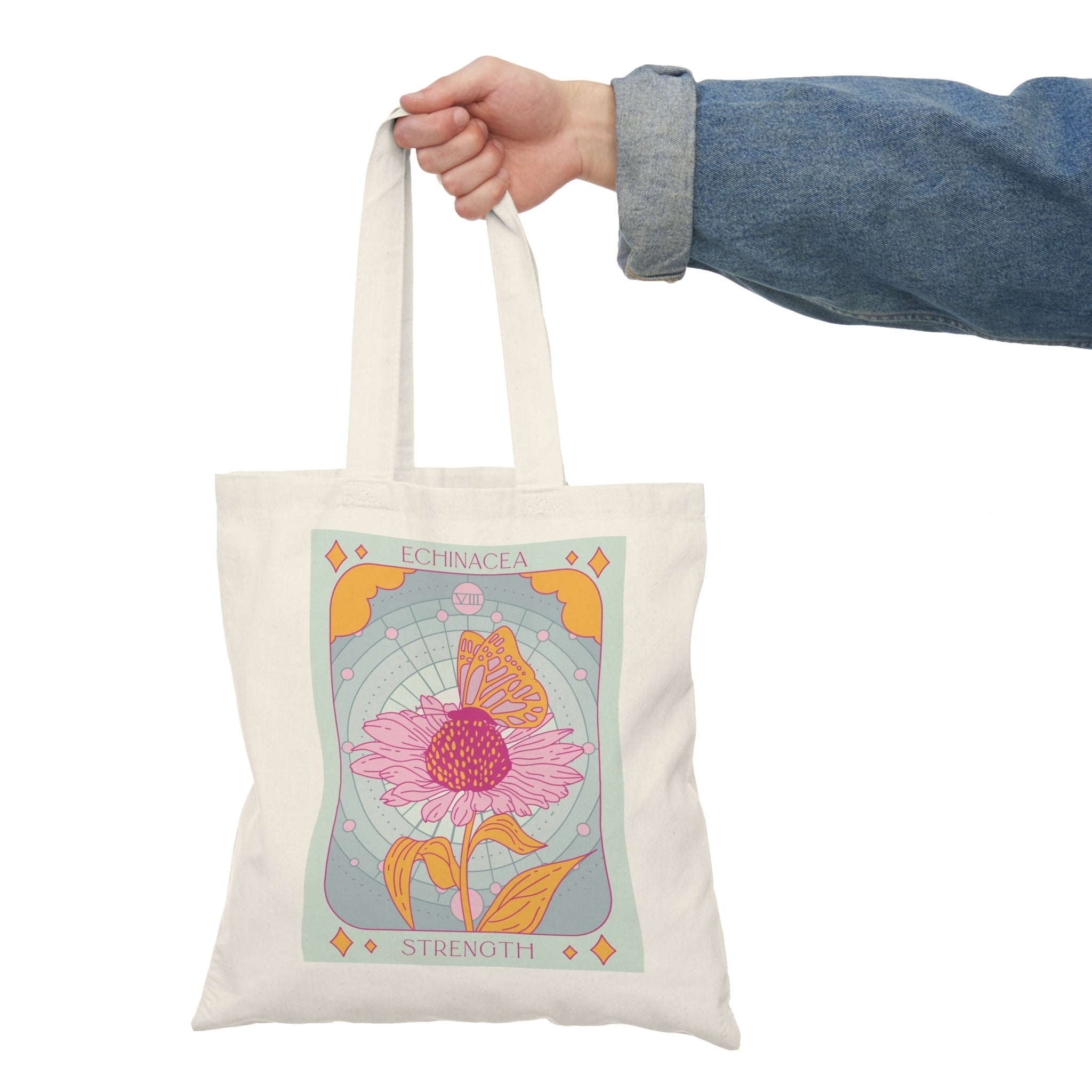 Tarot-Inspired Empress Bee + Strength in Echinacea Cotton Canvas Tote Bag for Gardening Enthusiasts
