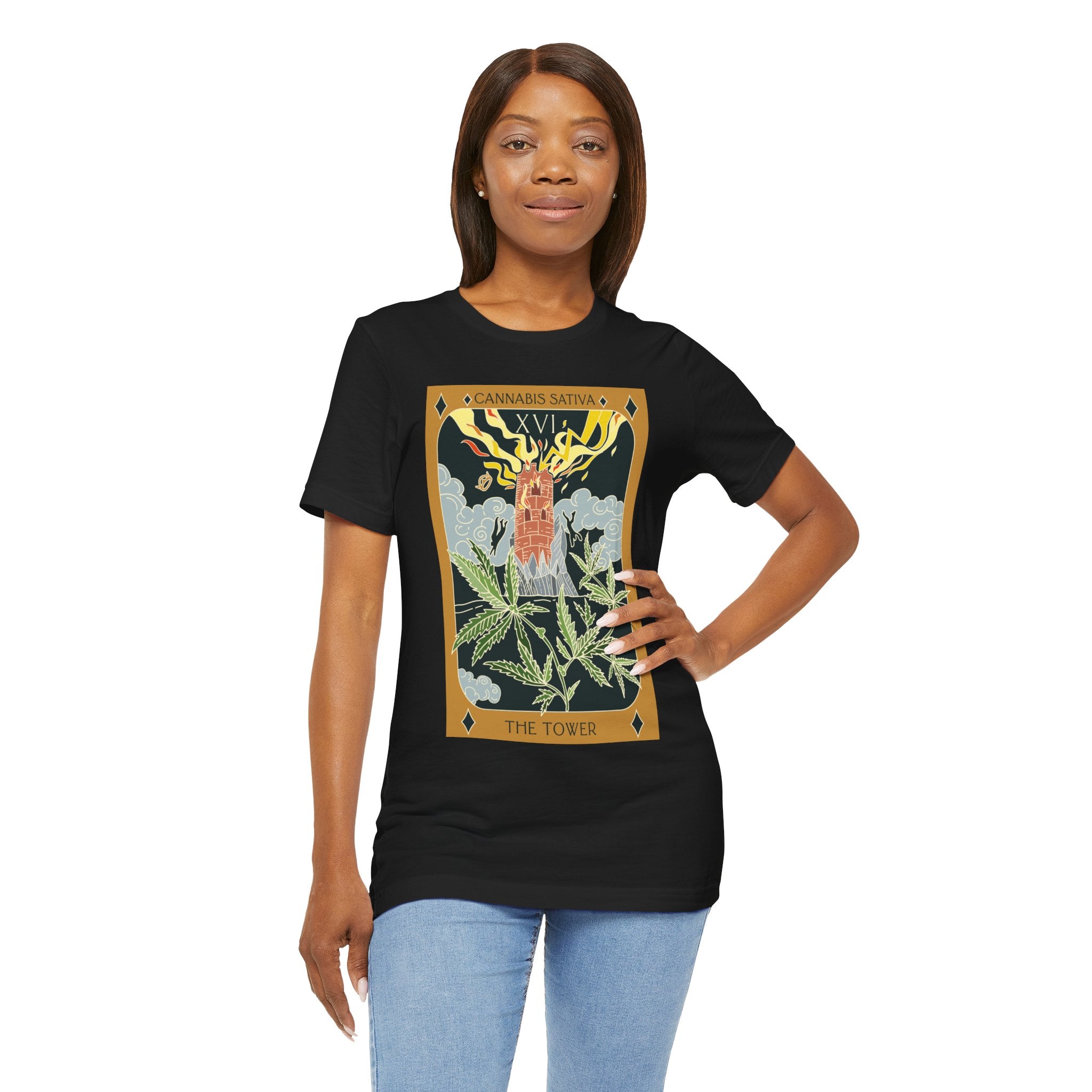 🌿 The Tower – Cannabis Sativa Botanical Tarot Card Unisex Graphic Tee