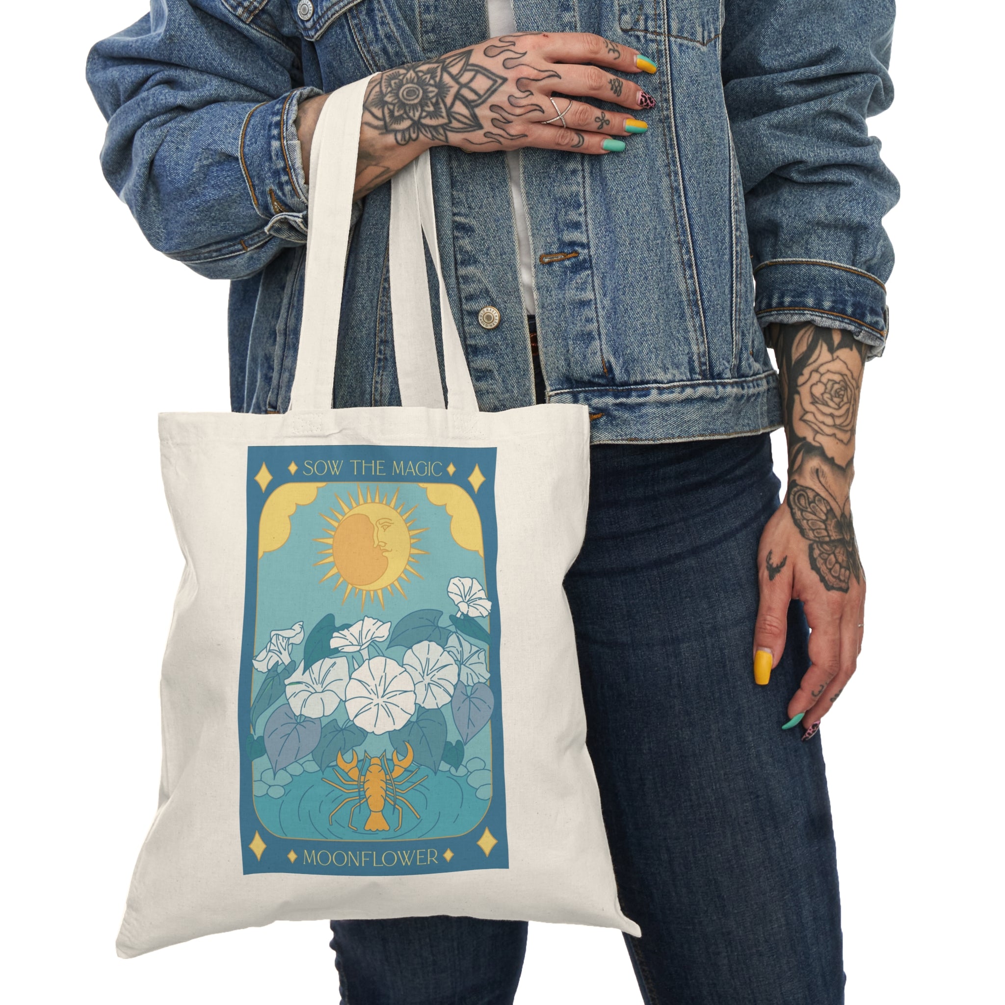 Tarot-Inspired The Moonflower + Black Velvet Nasturtium Cotton Canvas Tote Bag for Gardening Enthusiasts