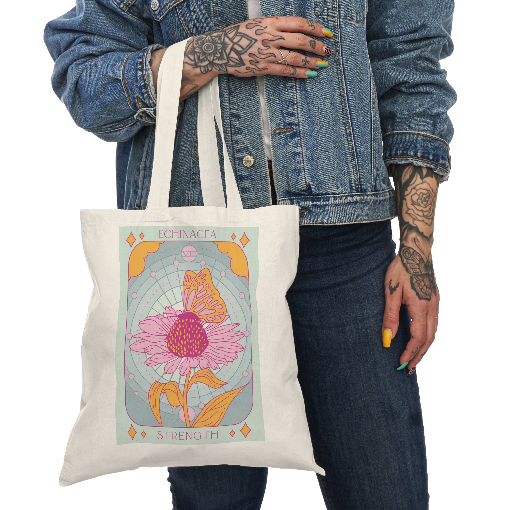 Tarot-Inspired Empress Bee + Strength in Echinacea Cotton Canvas Tote Bag for Gardening Enthusiasts