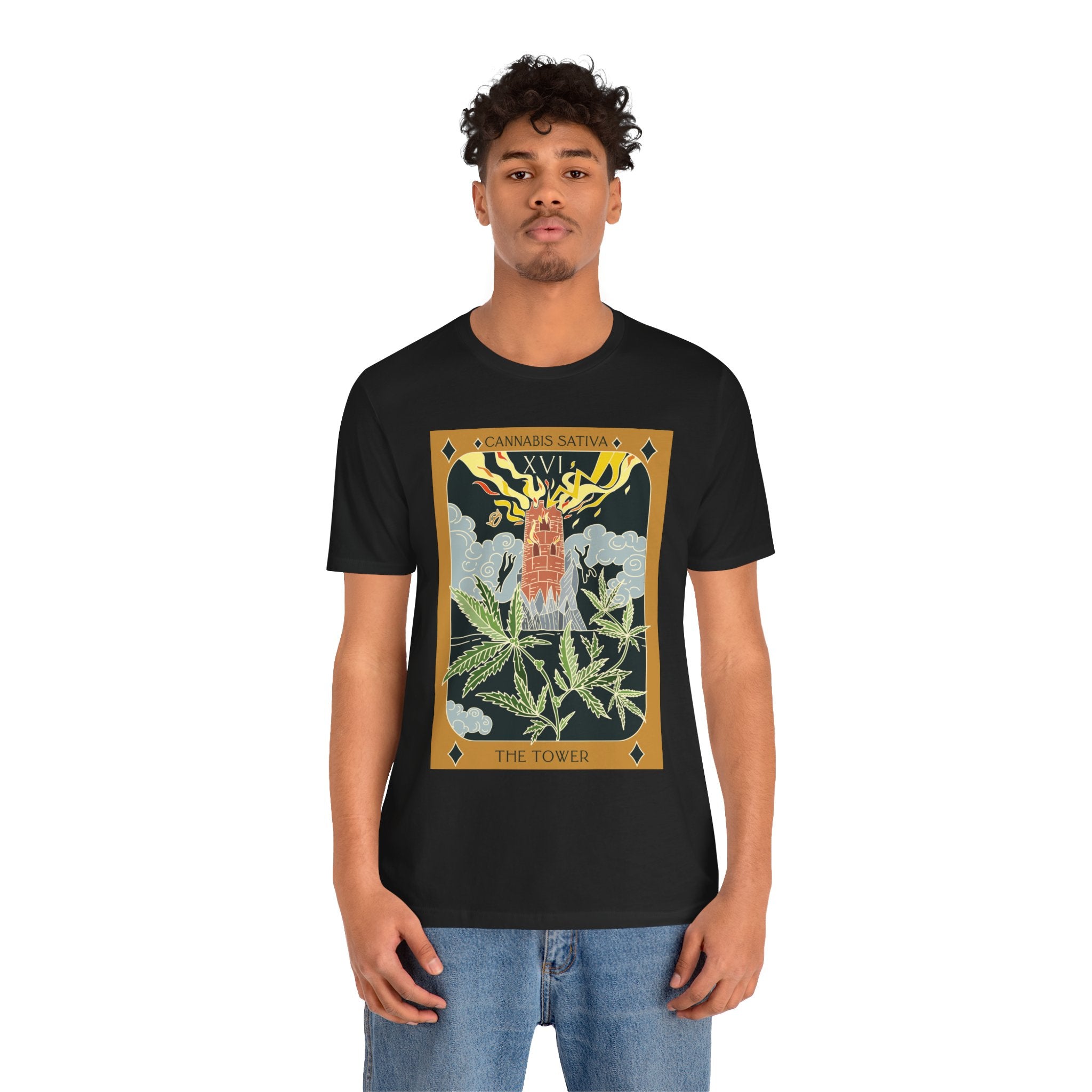 🌿 The Tower – Cannabis Sativa Botanical Tarot Card Unisex Graphic Tee