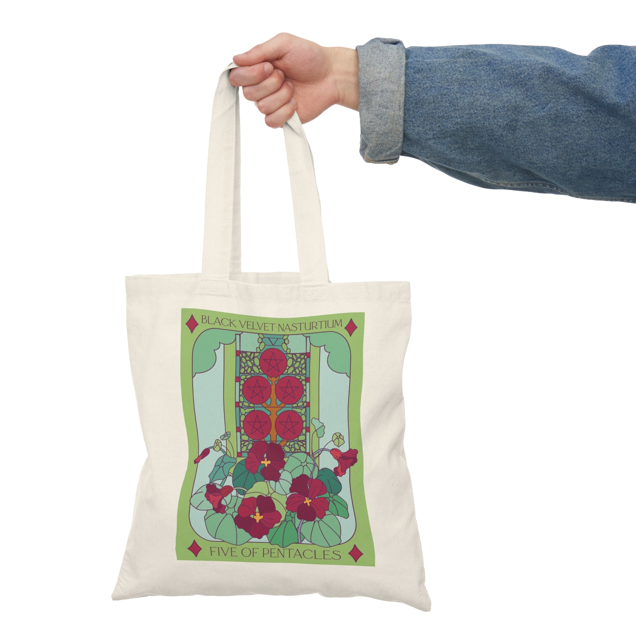 Tarot-Inspired The Moonflower + Black Velvet Nasturtium Cotton Canvas Tote Bag for Gardening Enthusiasts