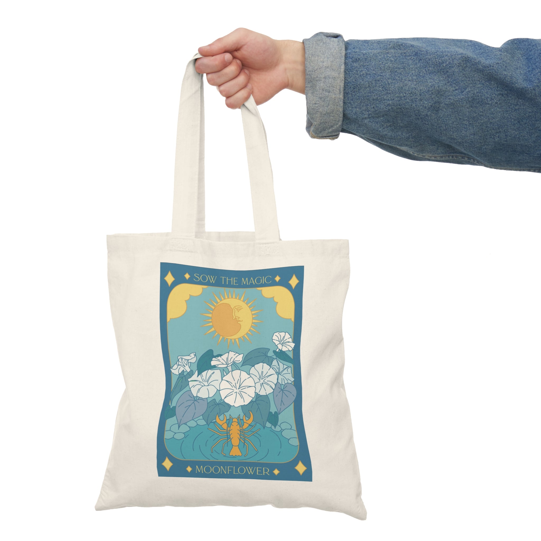 Tarot-Inspired The Moonflower + Black Velvet Nasturtium Cotton Canvas Tote Bag for Gardening Enthusiasts