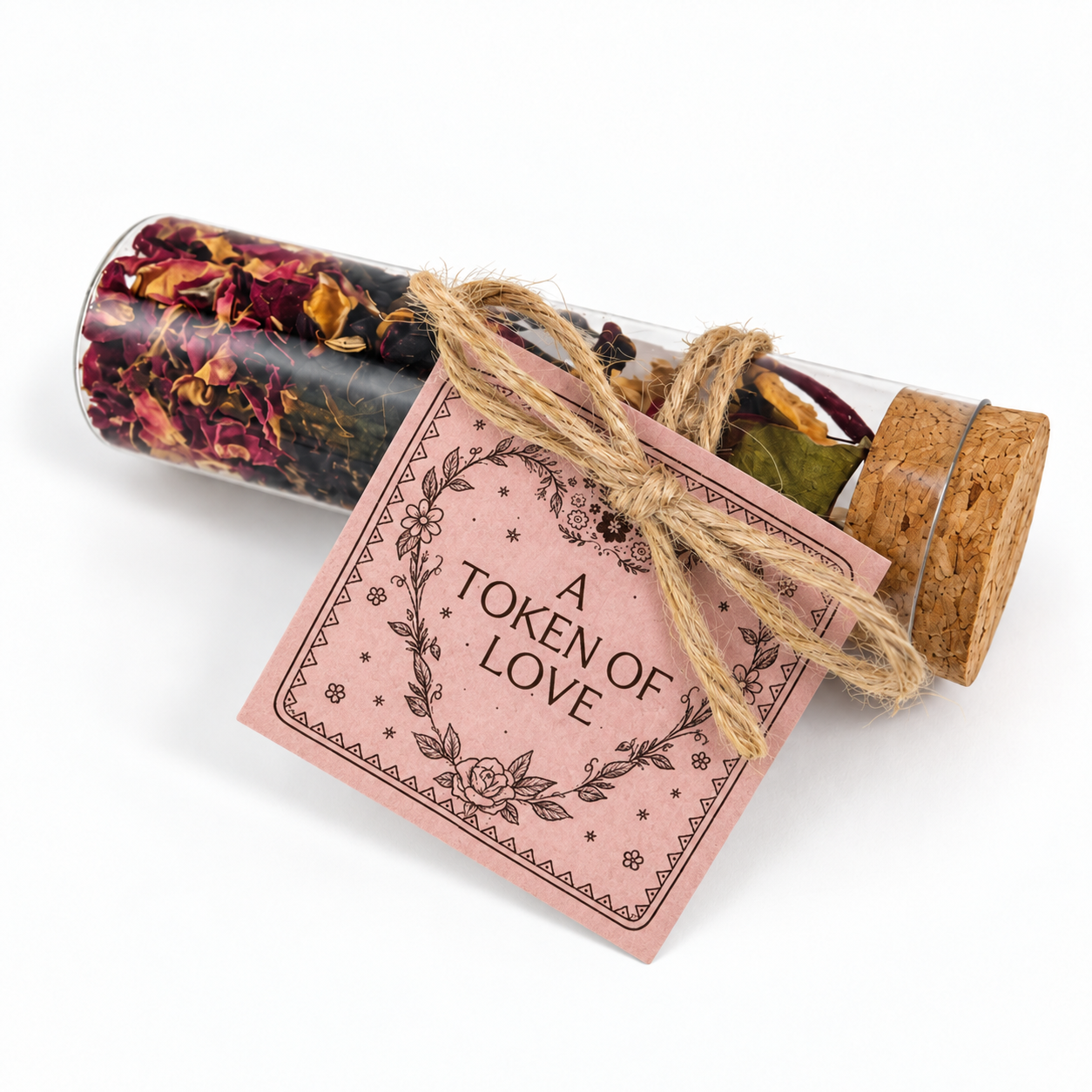 A Token of Love botanical intention vial displayed horizontally with a cork closure, twine and pink heart-shaped product tag.