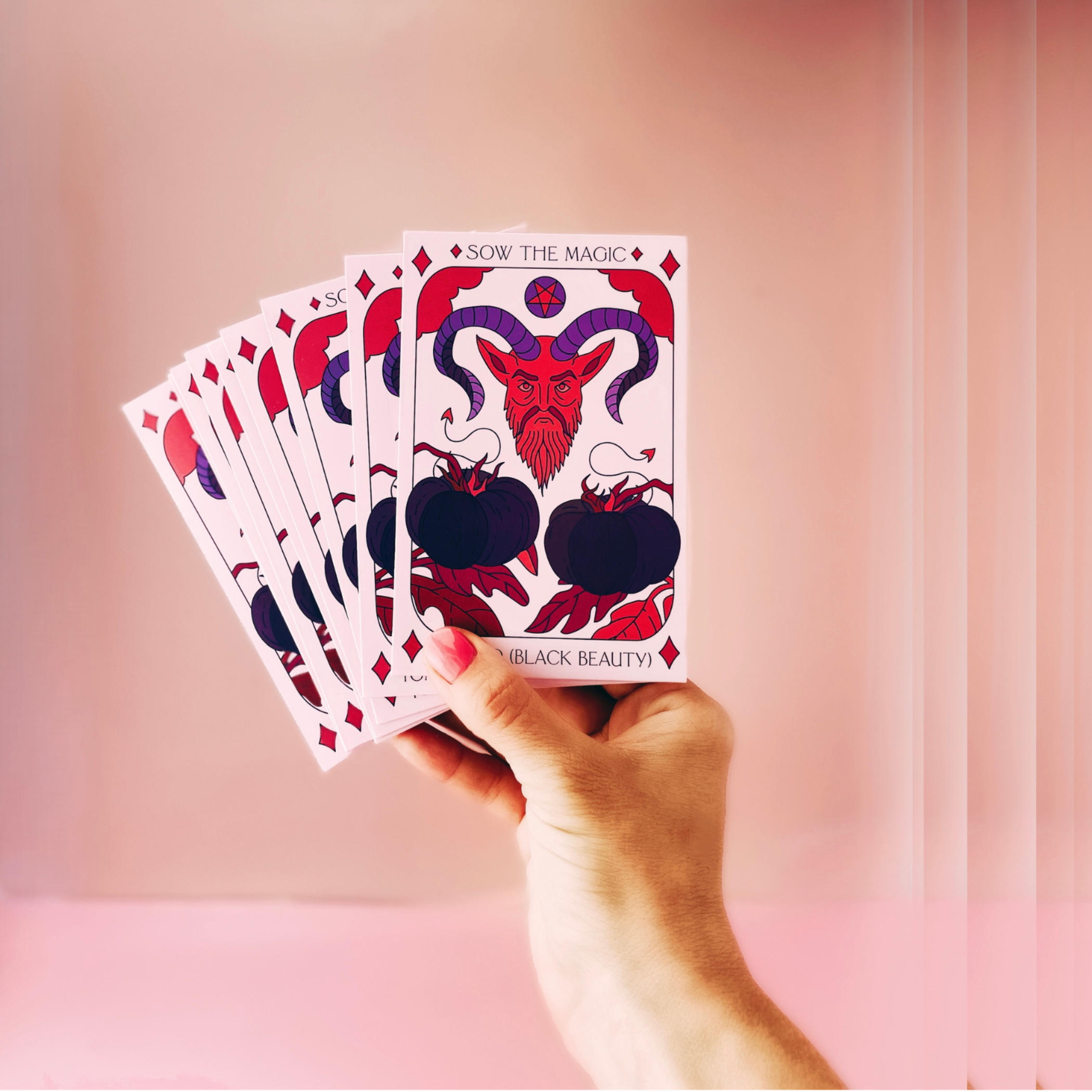 Hand holding fanned stack of Black Beauty tarot seed packets with devil illustration