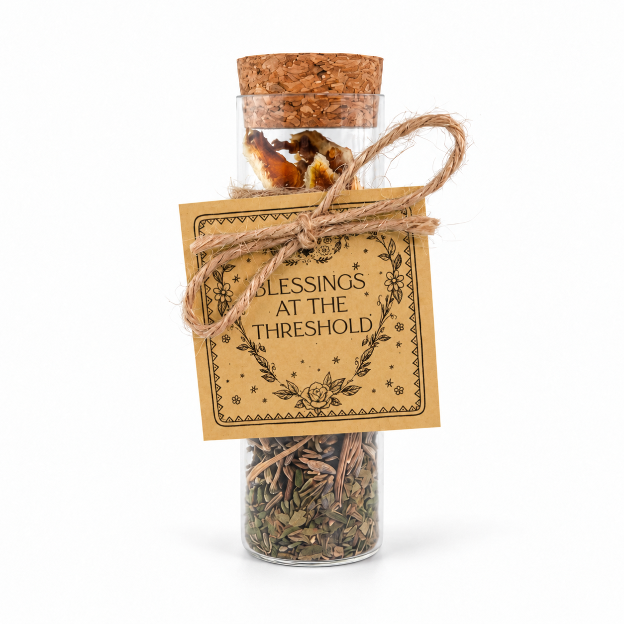 Blessings at the Threshold intention vial filled with dried botanicals and finished with a cork, natural twine and hand-tied golden folklore tag.