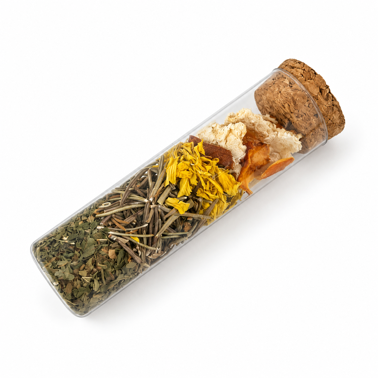 Angled view of a Blessings at the Threshold intention vial filled with colorful dried botanicals and sealed with a natural cork.
