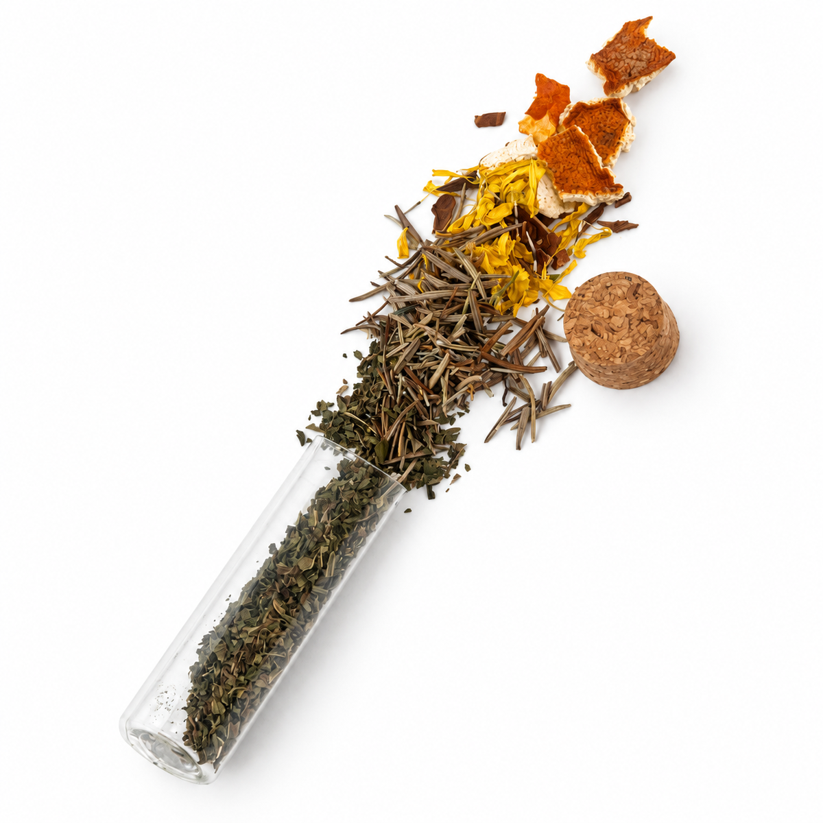 Open Blessings at the Threshold vial with its dried herbs, flowers and orange peel spilling gently beside the cork.