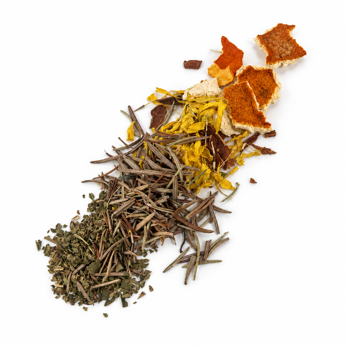 Open Blessings at the Threshold intention vial with dried basil, rosemary, calendula, cinnamon and orange peel scattered beside it.