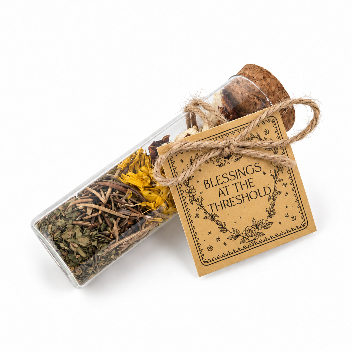 Blessings at the Threshold botanical intention vial displayed diagonally with a cork closure, natural twine and golden hand-tied tag.
