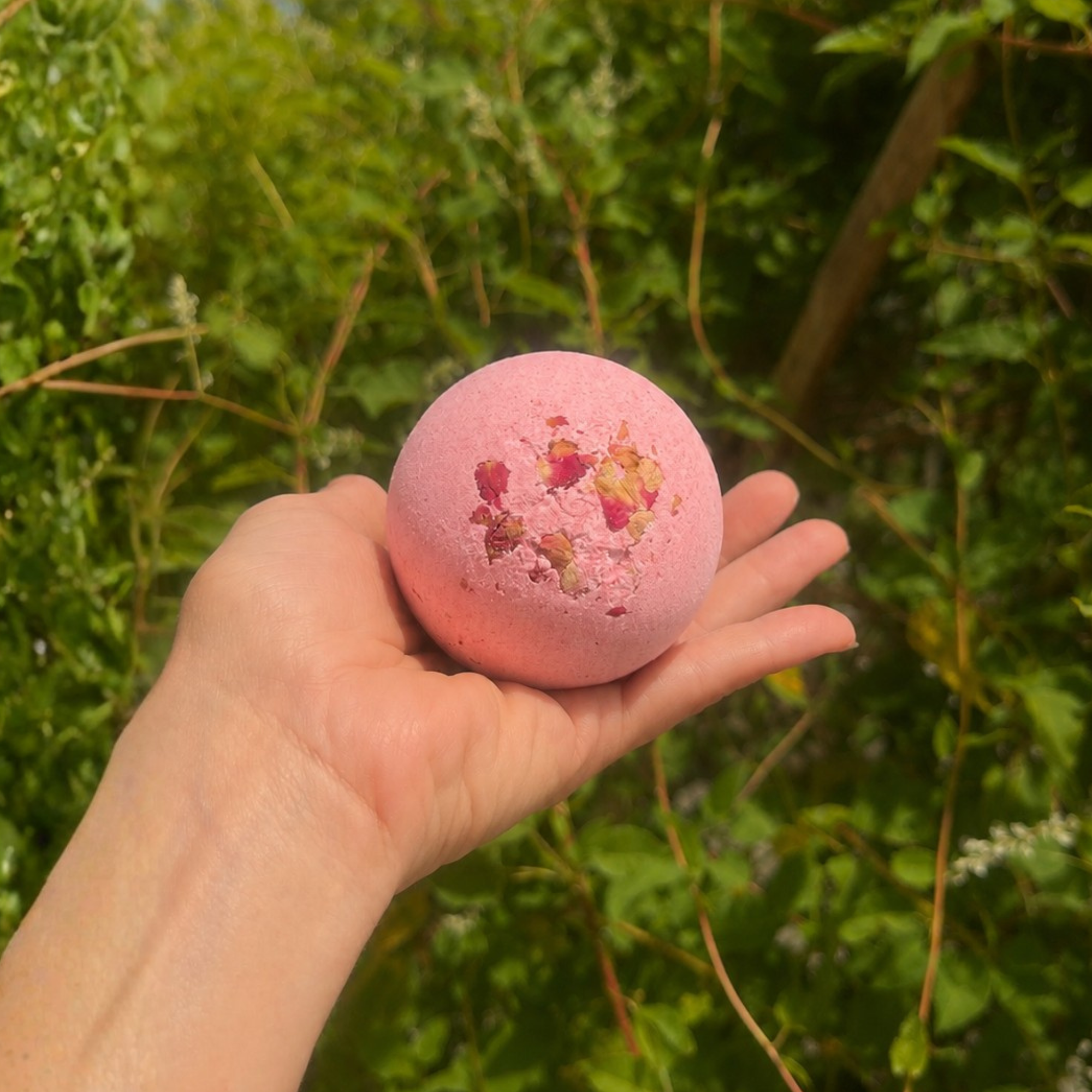 Hand holding a Bloomspell Wild Rose botanical bath bomb topped with dried rose petals in a lush garden setting with soft natural lighting and blurred greenery.