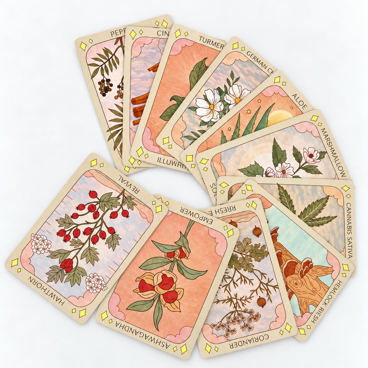Colorful botanical cards arranged in a fan, featuring vintage-inspired illustrations of herbs, flowers, and medicinal plants by Sow the Magic.