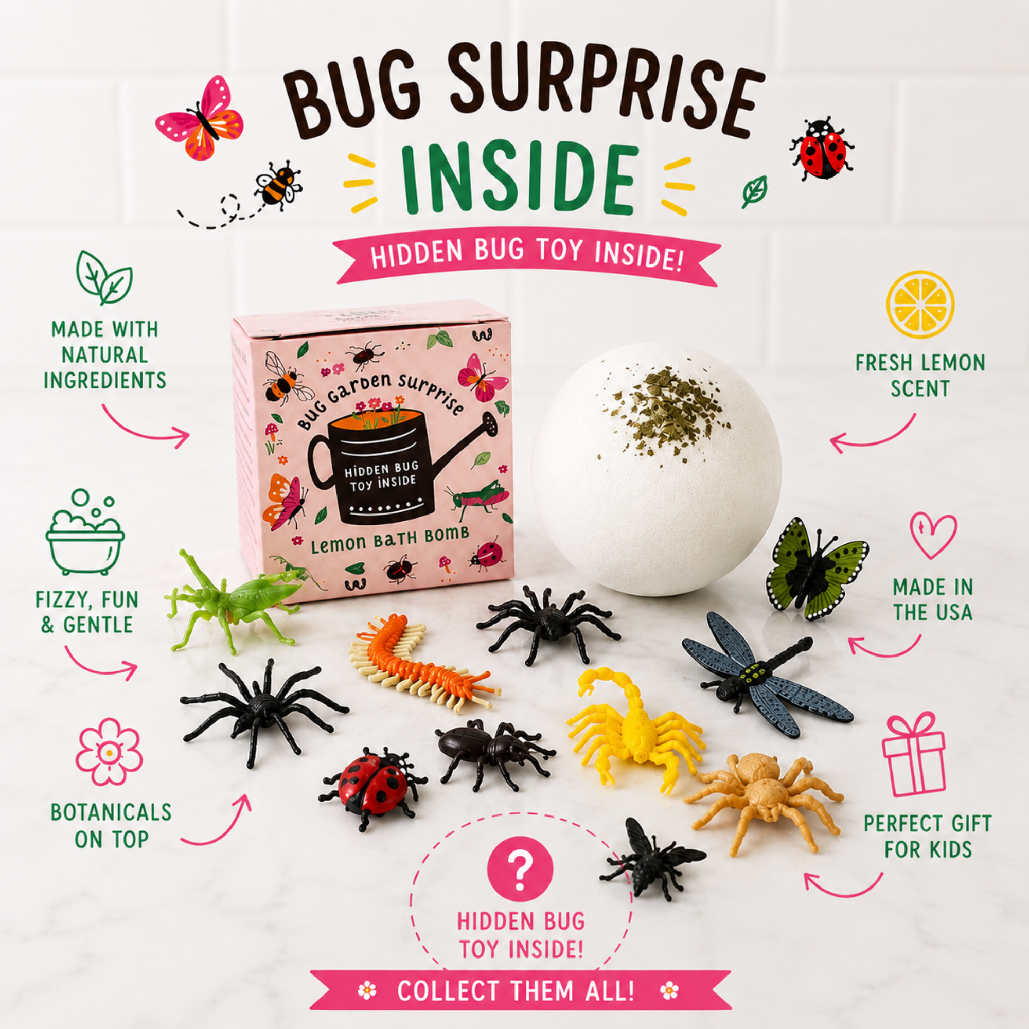 Front and back view of the Sow the Magic® Bug Garden Surprise Lemon Bath Bomb packaging. This handmade kids bath bomb features a hidden bug toy inside, fresh lemon scent, real peppermint leaves, shea butter, cocoa butter, and colorful garden-themed gift packaging made in the USA.