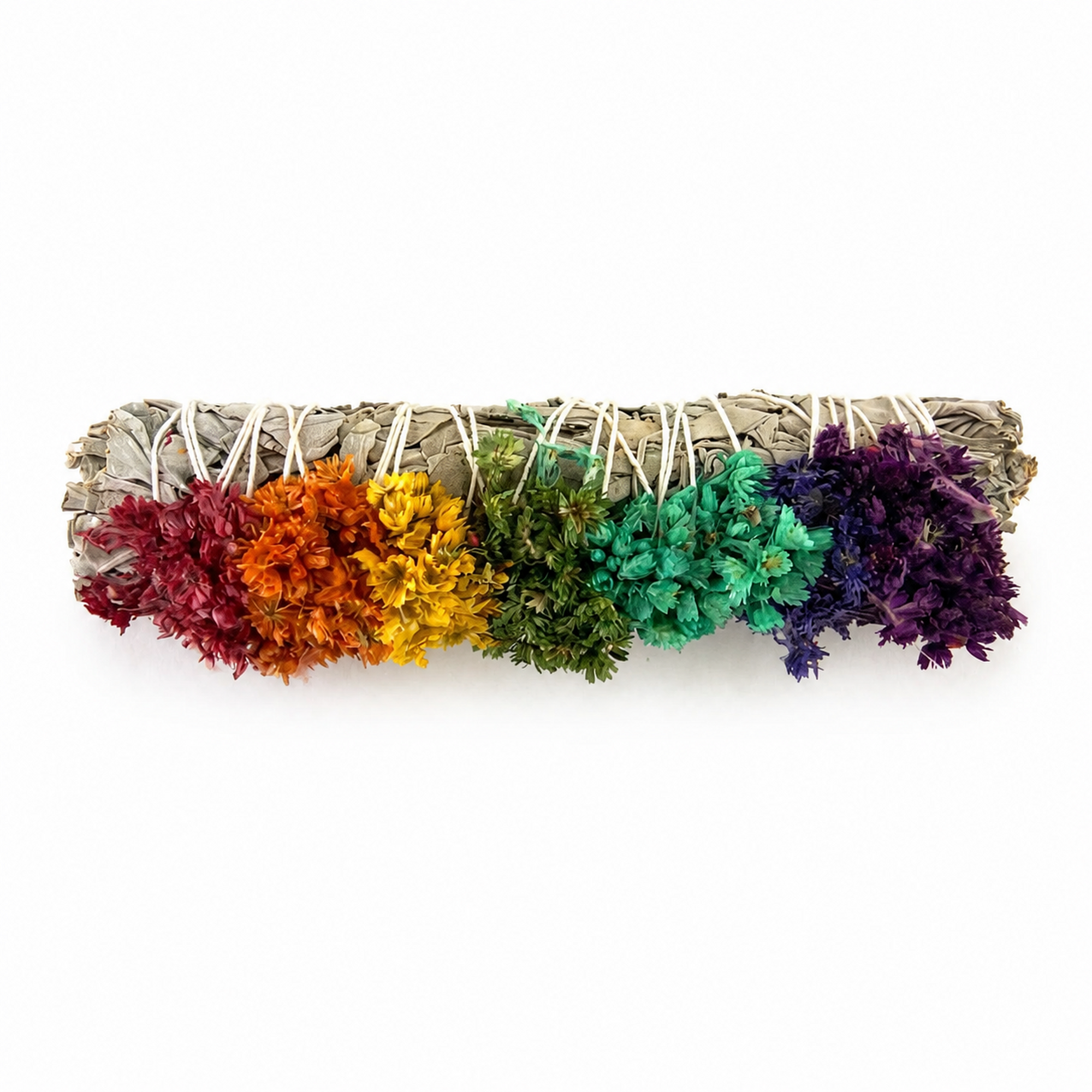 6 inch chakra white sage smudge stick decorated with colorful dried sinuata flowers