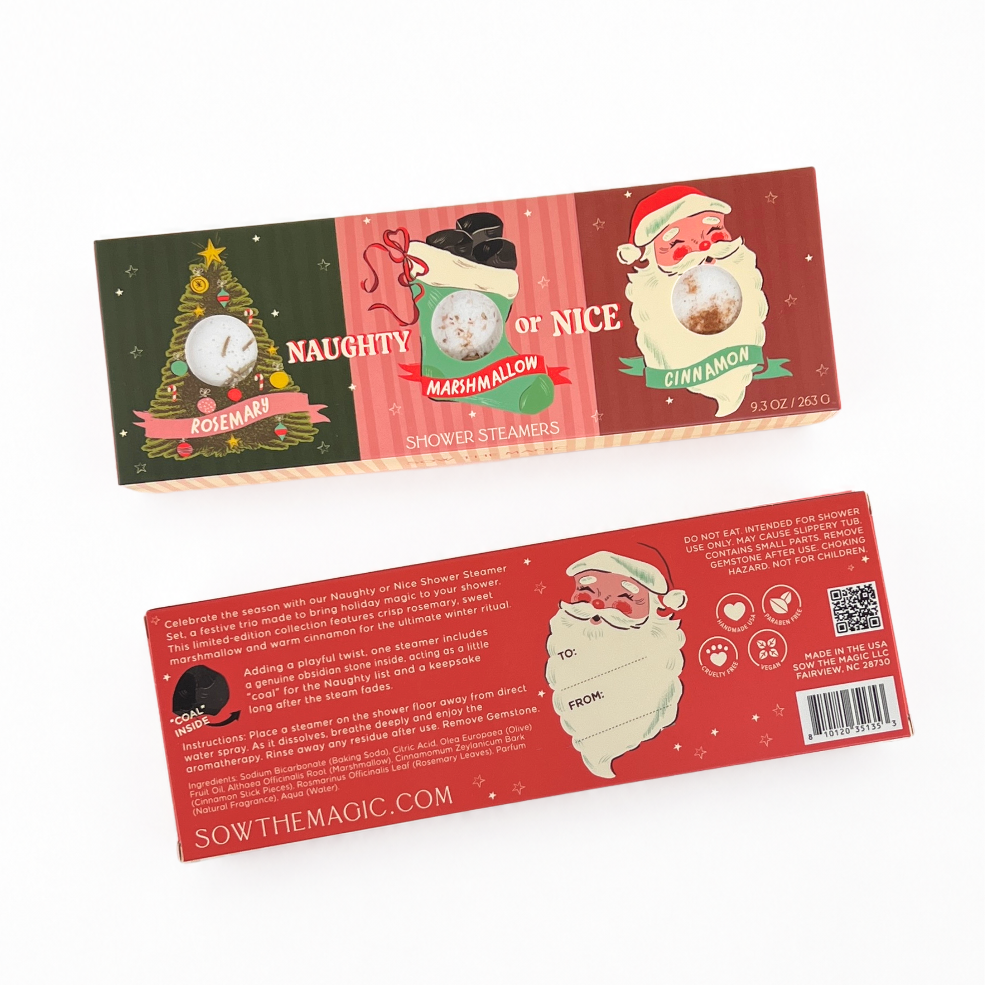 Front and back packaging of the Sow the Magic Naughty or Nice Shower Steamers holiday gift set showing product details and festive Christmas artwork.