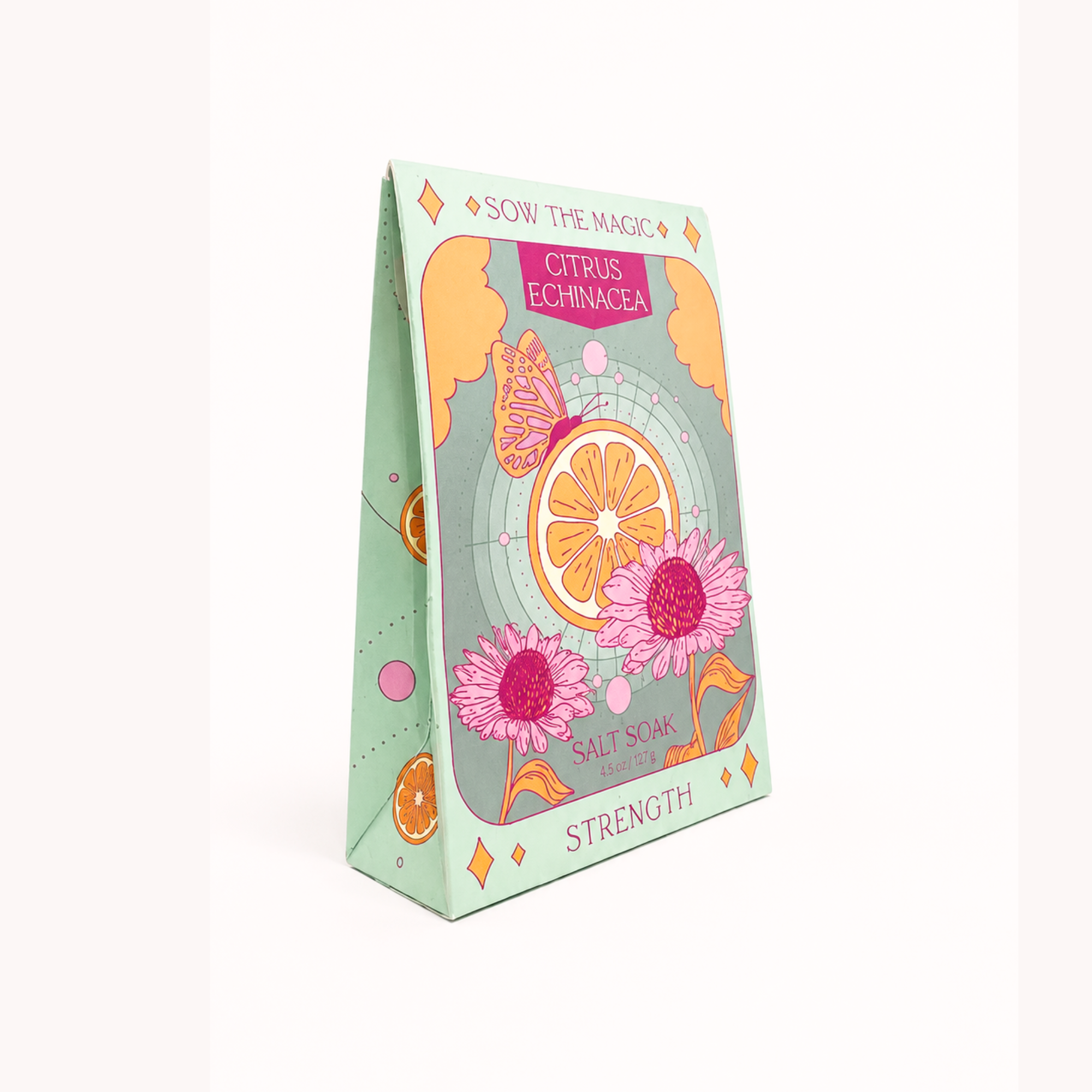 Sow the Magic Citrus Echinacea Strength Salt Soak standing pouch with botanical artwork, Himalayan and Epsom bath salts, angled view on a clean white background.