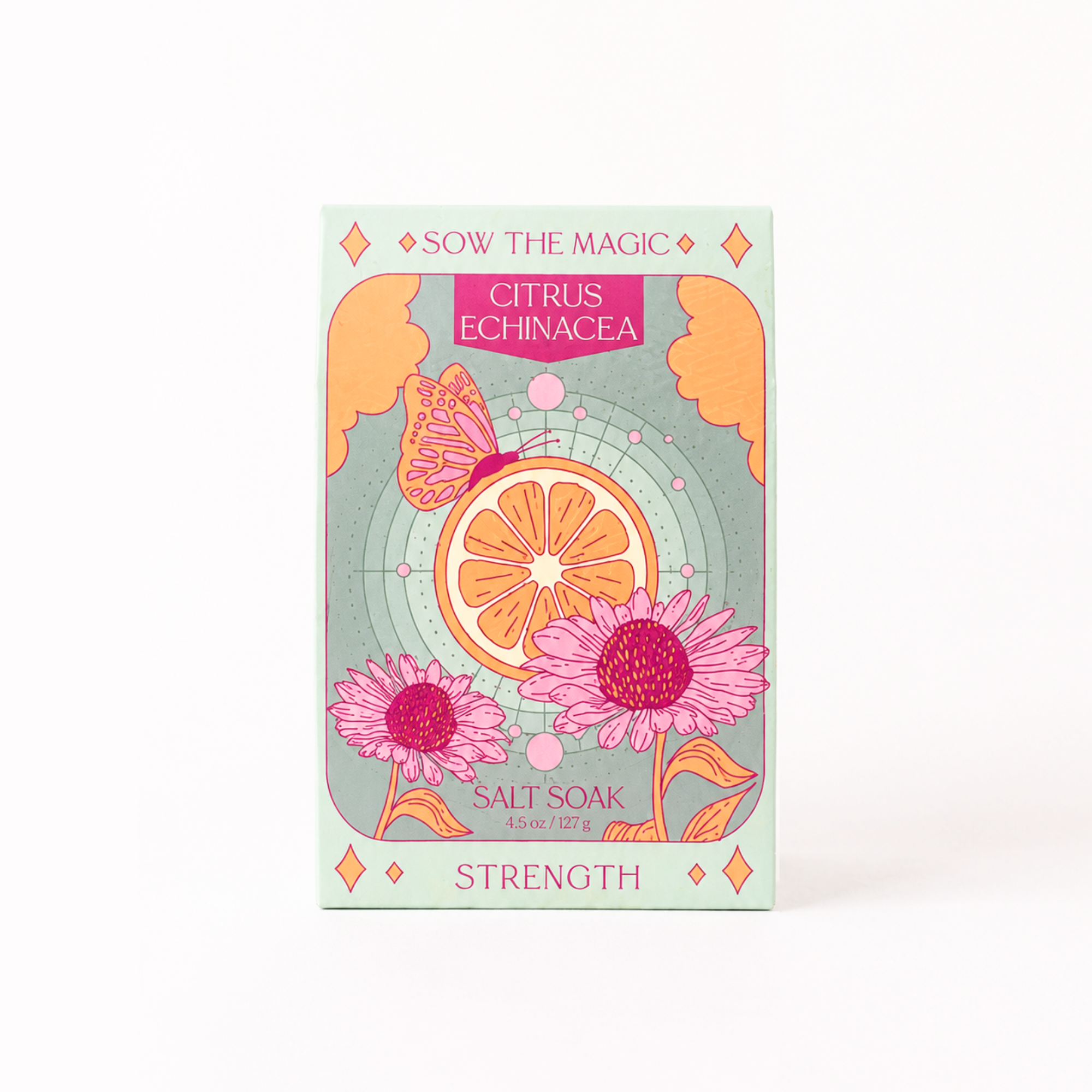 Sow the Magic Citrus Echinacea Strength Salt Soak standing pouch with botanical artwork, Himalayan and Epsom bath salts, front view on a clean white background.