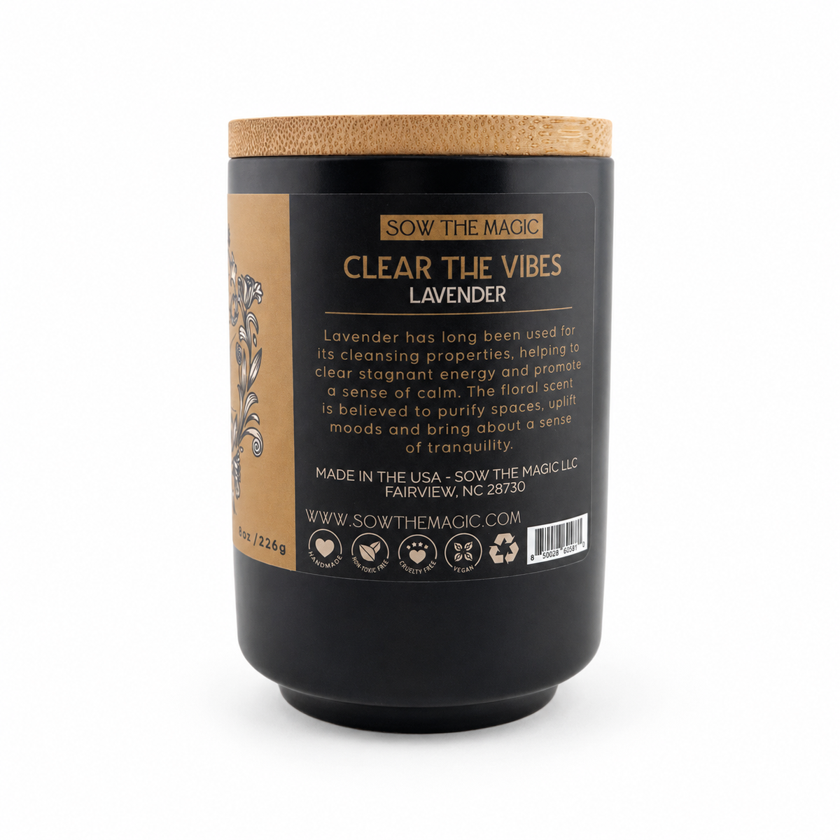 Back of the Clear the Vibes Lavender candle showing product information, icons and barcode