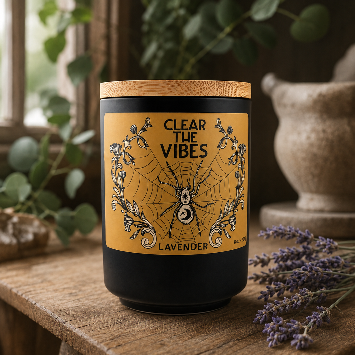 Clear the Vibes Lavender candle displayed on a rustic wood table with lavender sprigs and botanical greenery