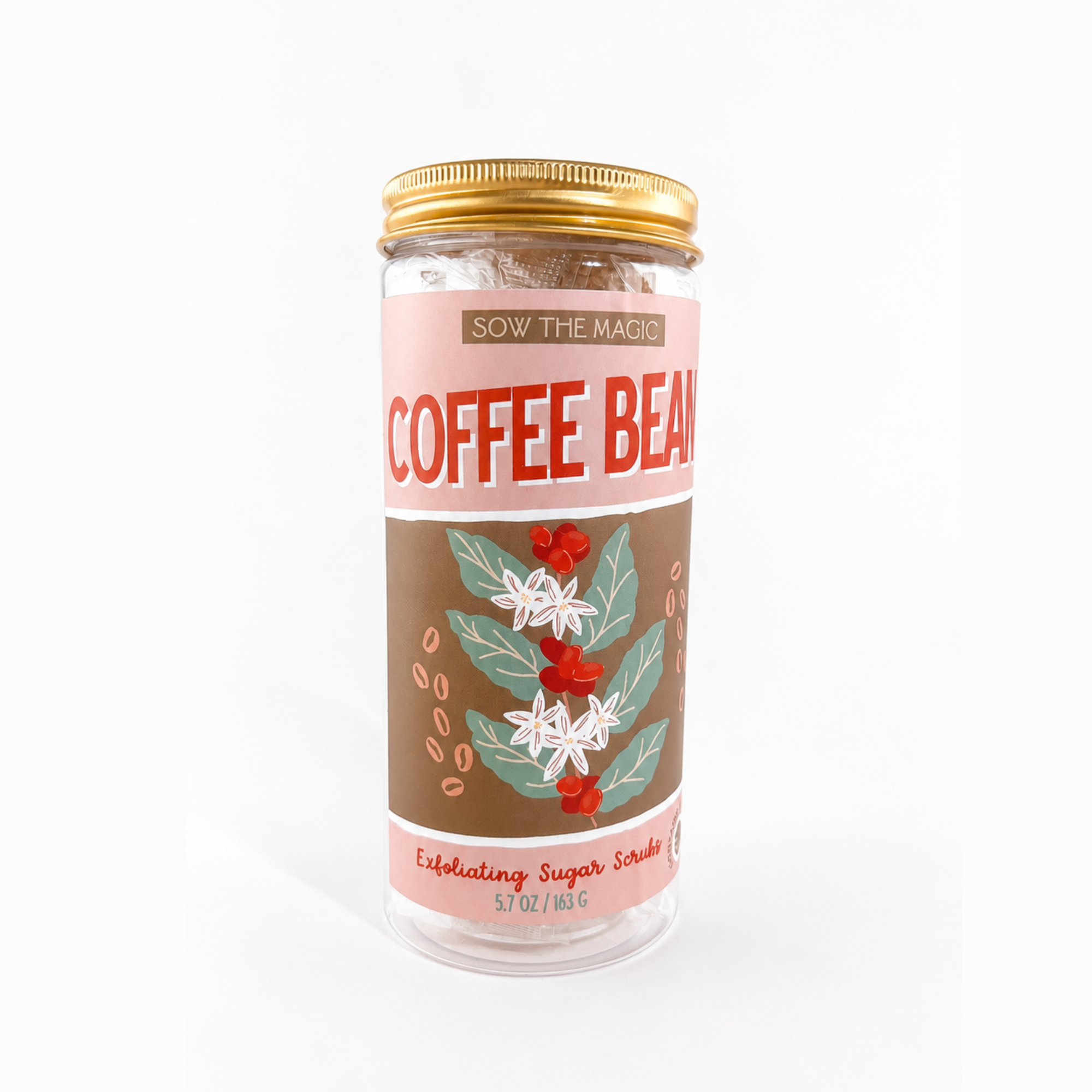 Coffee Bean Exfoliating Sugar Scrubs in a reusable gift jar with individually wrapped exfoliating scrub cubes by Sow the Magic.