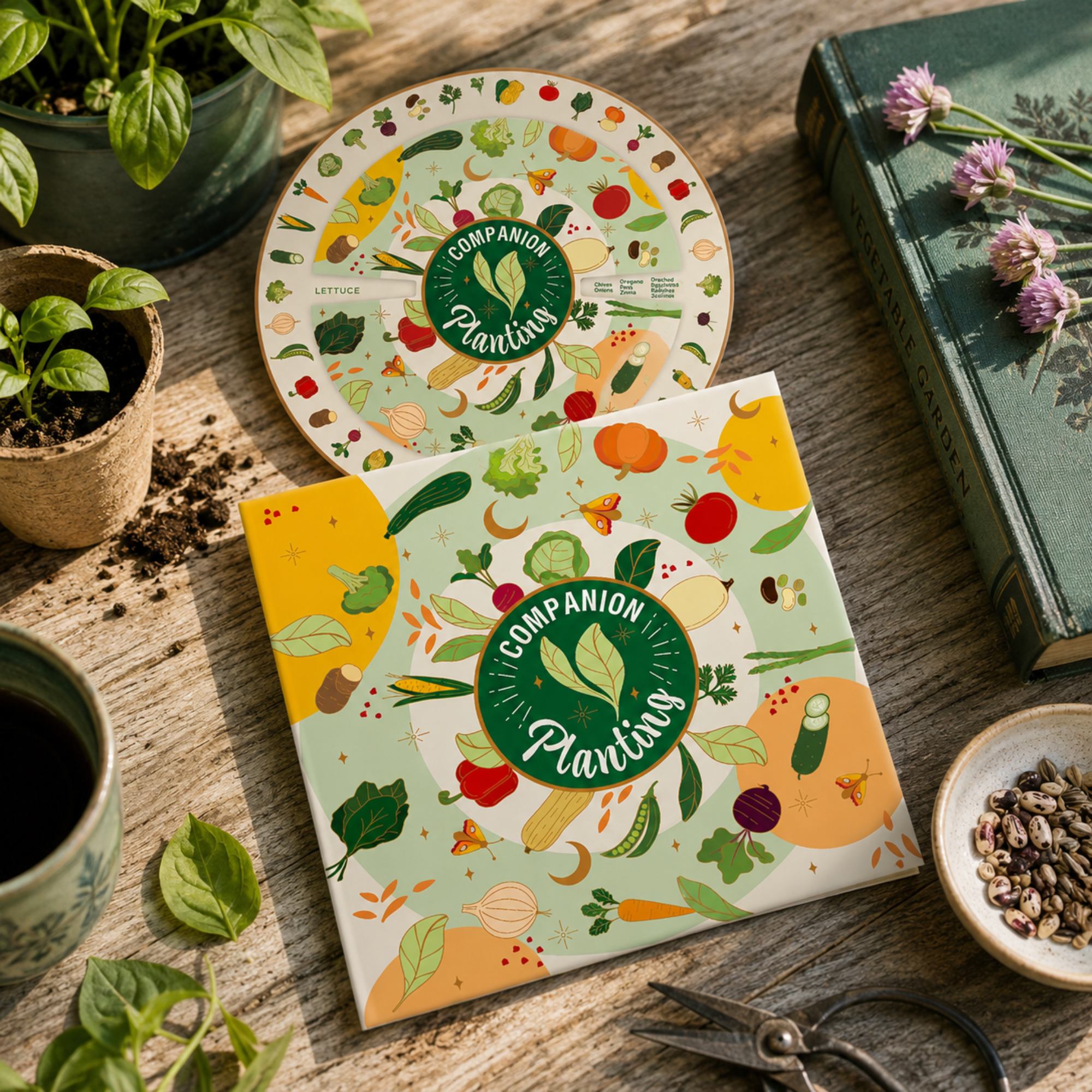 Lifestyle photo of the Sow the Magic Companion Planting Guide featuring a colorful companion planting wheel and matching booklet displayed on a rustic wooden potting bench with potted herbs, heirloom seeds, garden scissors and a botanical gardening book. Designed to help gardeners plan vegetable companions for healthier, more productive gardens.