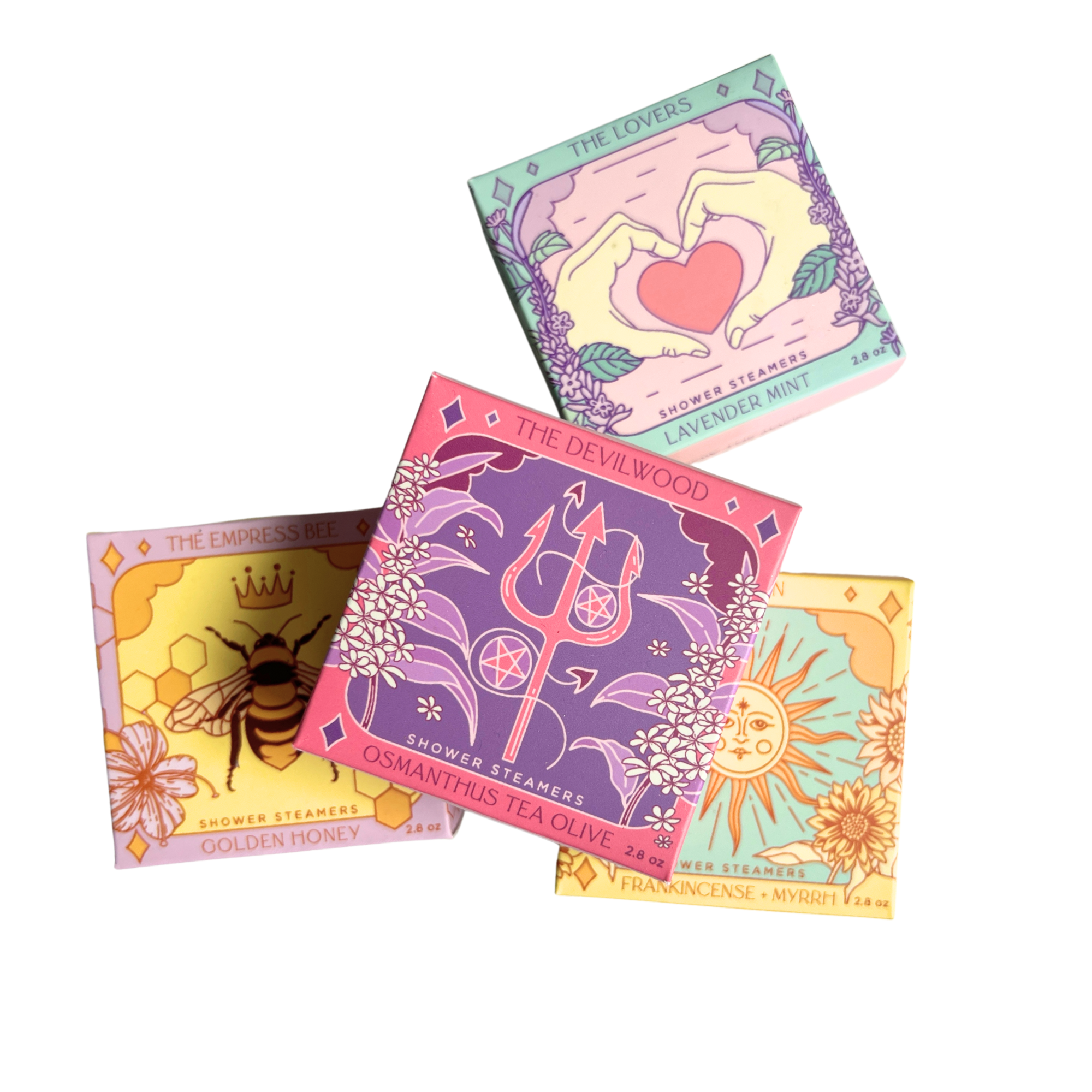 Complete Tarot Shower Steamer Collection by Sow the Magic® featuring The Empress Bee, The Devilwood, The Lovers, and The Sun botanical shower steamer gift sets.