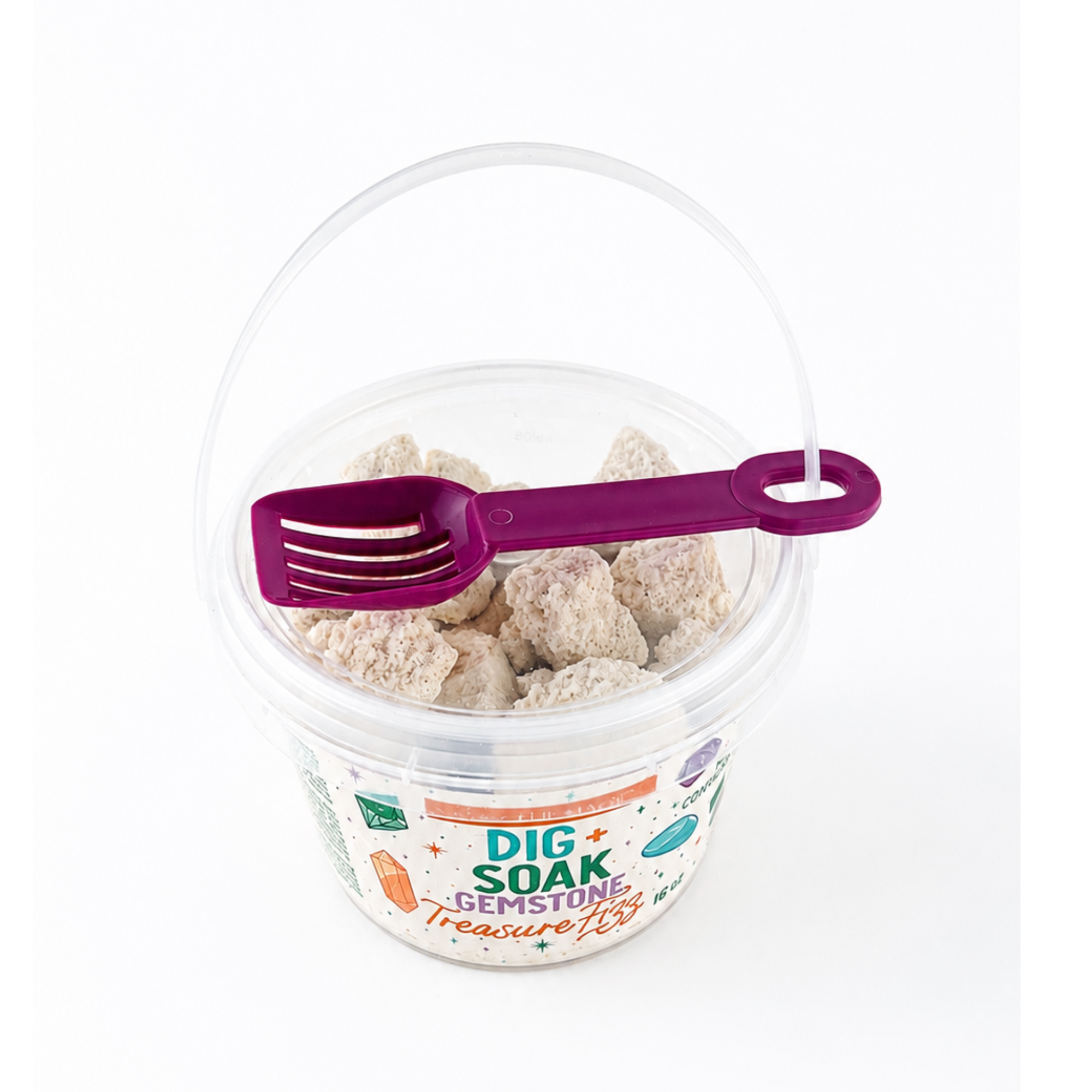 Sow the Magic Dig + Soak Gemstone Treasure Fizz bath bomb bucket with colorful scoop, filled with fizzy bath bomb nuggets for a fun gemstone treasure bath activity on a bright white background.
