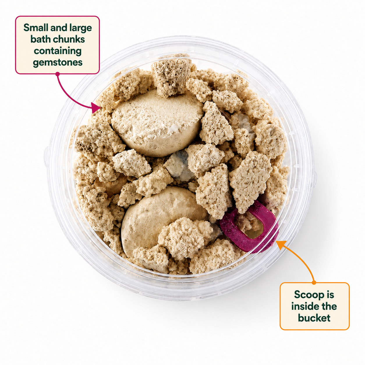 Open Dig + Soak Gemstone Treasure Fizz bucket showing the included scoop and small and large bath chunks containing gemstones