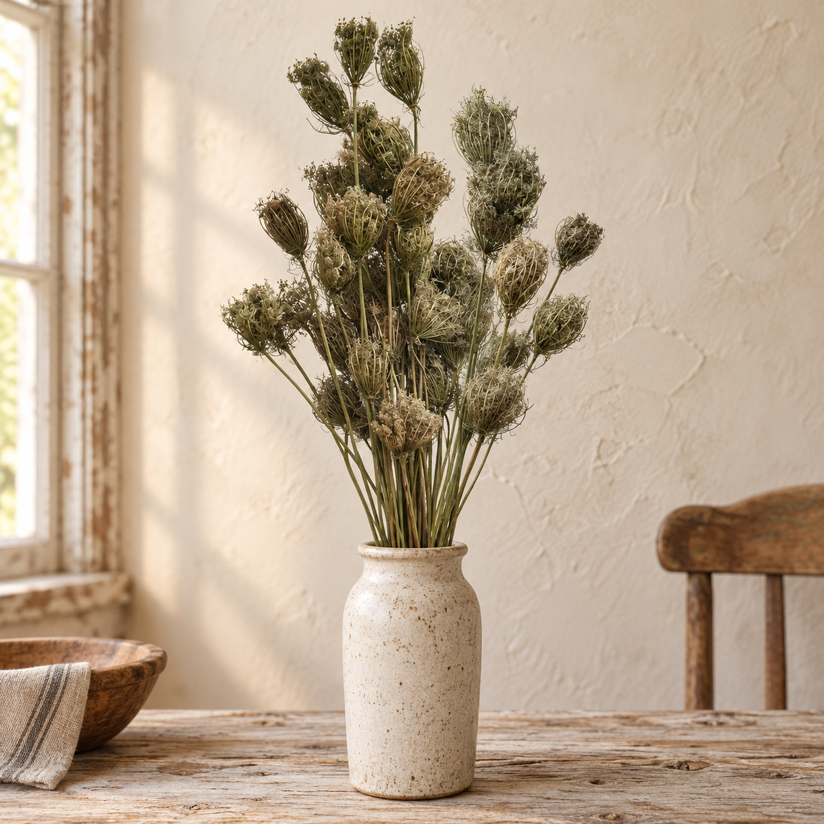 Dried Queen Anne’s lace seed heads arranged in a cream ceramic vase on a rustic wood table in a warm farmhouse setting.