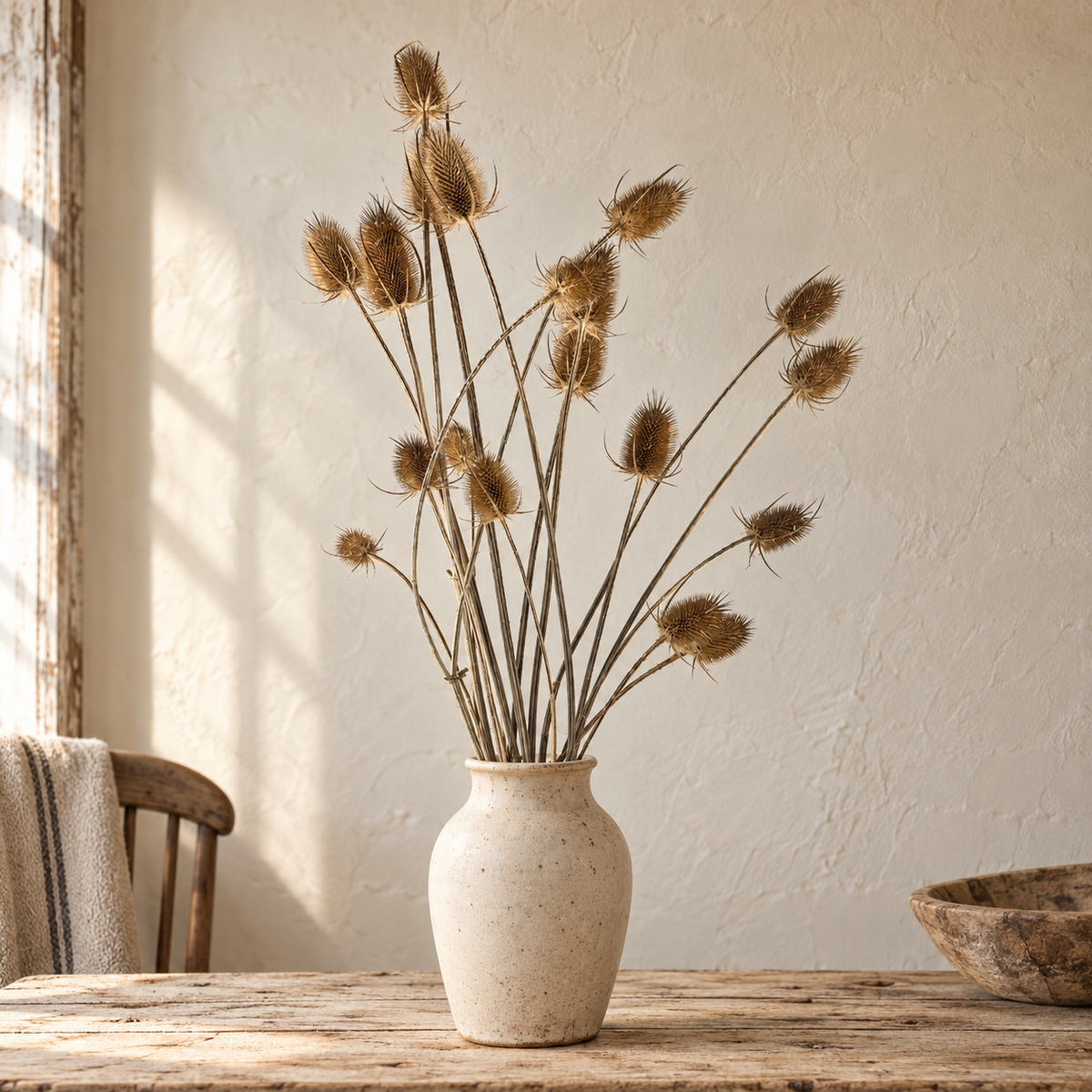 Dried teasel stems arranged in a cream ceramic vase on a weathered wood table in a warm, sunlit farmhouse setting.
