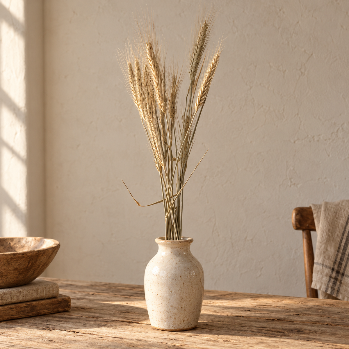 Dried golden wheat stems arranged in a cream ceramic vase on a rustic wood table in a warm, sunlit farmhouse setting.