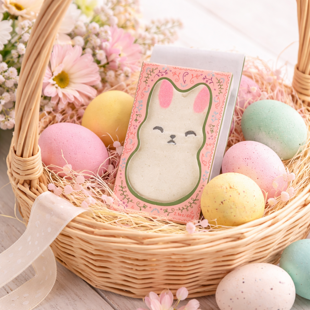 Bunny bath bomb in pastel packaging styled in an Easter basket with colorful eggs and spring flowers