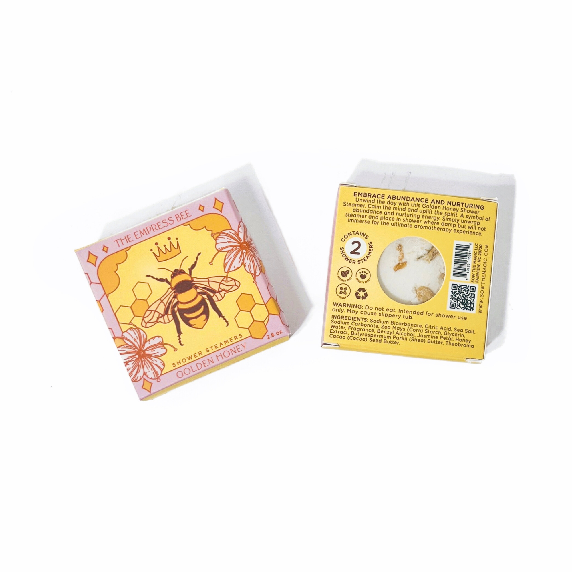 Front and back of The Empress Bee Shower Steamer Set in Golden Honey featuring tarot-inspired botanical packaging and product information.