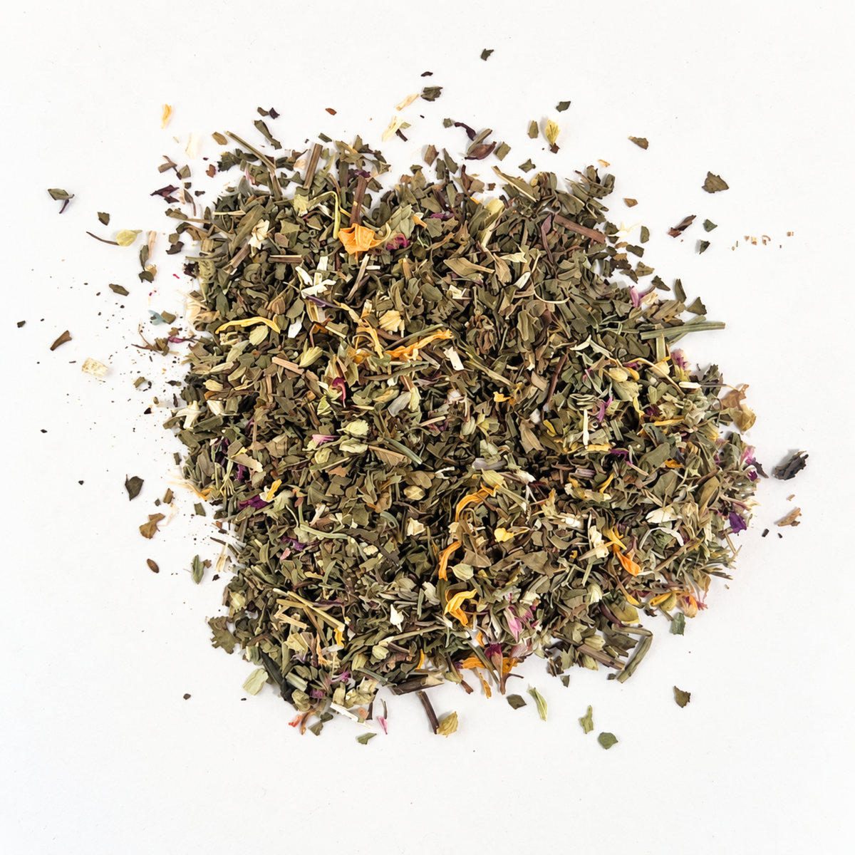 Loose Fairy Wishing Dust botanical blend featuring dried herbs and colorful flower petals on a white background.