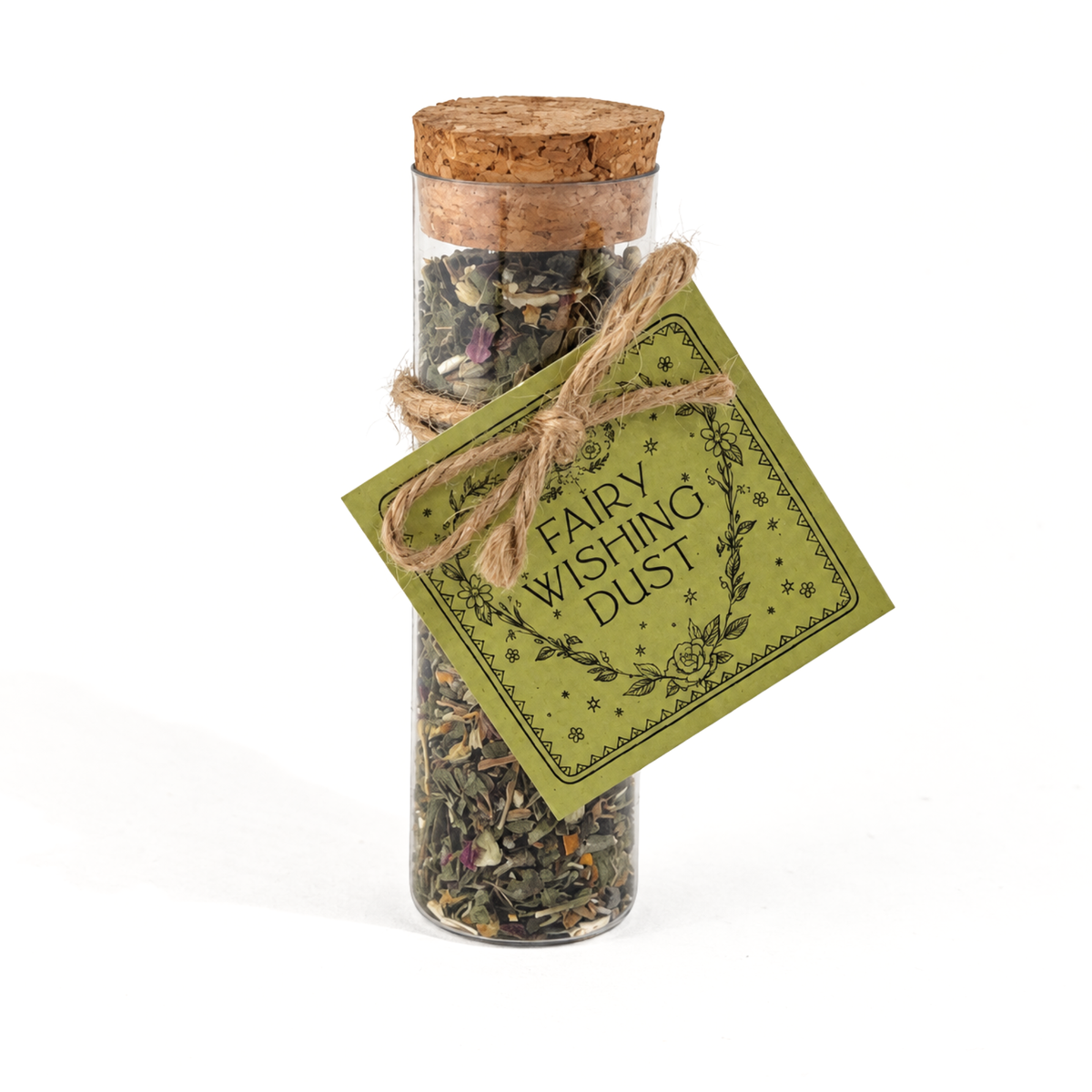 Upright Fairy Wishing Dust intention vial filled with dried botanicals and tied with a green illustrated tag.