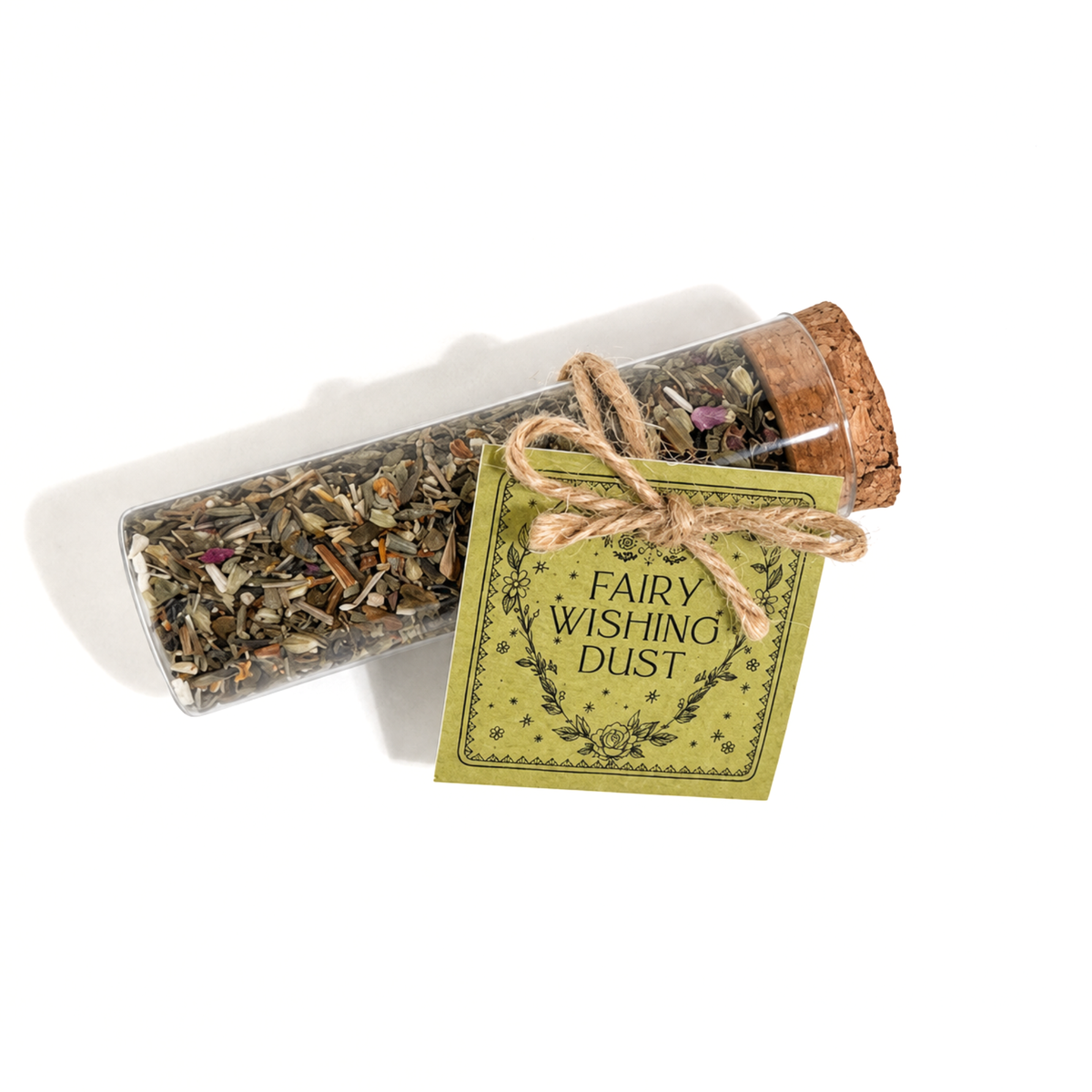 Fairy Wishing Dust intention vial filled with dried botanicals and finished with a green illustrated tag and jute bow.
