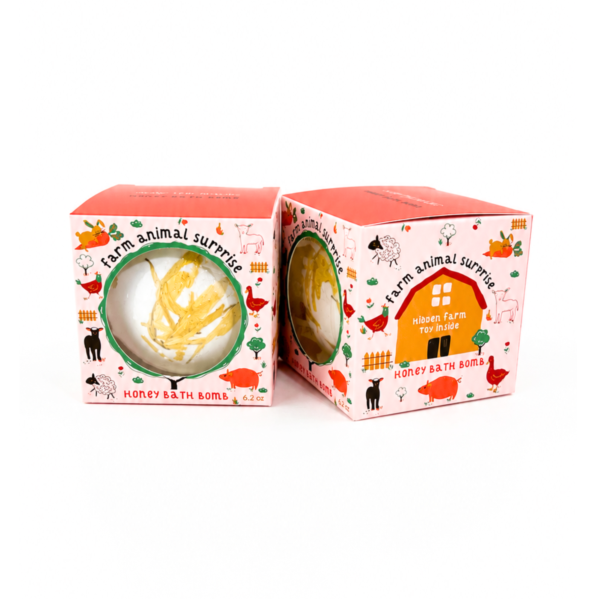 Front and side view of the Farm Animal Surprise Honey Bath Bomb by Sow the Magic® featuring whimsical farm-themed packaging, a honey-scented botanical bath bomb with dried calendula petals, and a hidden farm animal toy surprise on a bright white background.