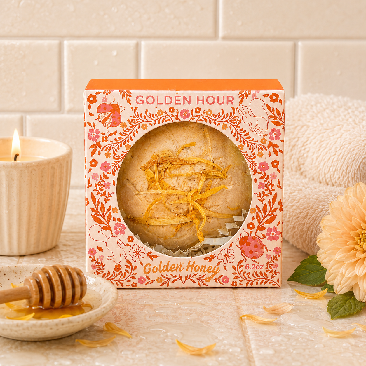 Golden Hour Golden Honey botanical bath bomb gift box displayed on cream bathroom tile with a candle, honey dipper, soft towel and golden flower in a warm spa-inspired setting.