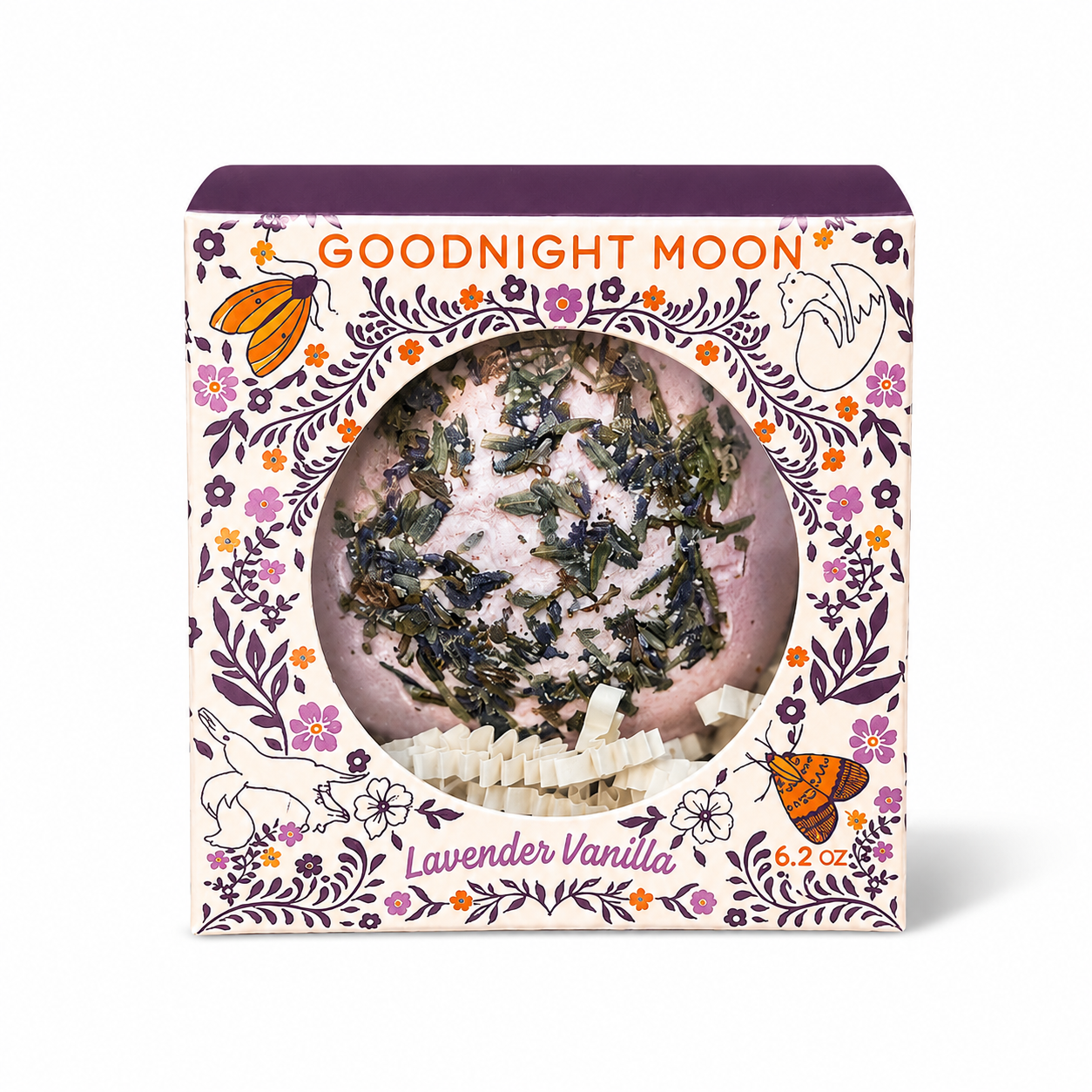 Goodnight Moon Lavender Vanilla botanical bath bomb gift box featuring a lavender vanilla bath bomb topped with dried lavender buds displayed on a clean white background with a soft shadow.