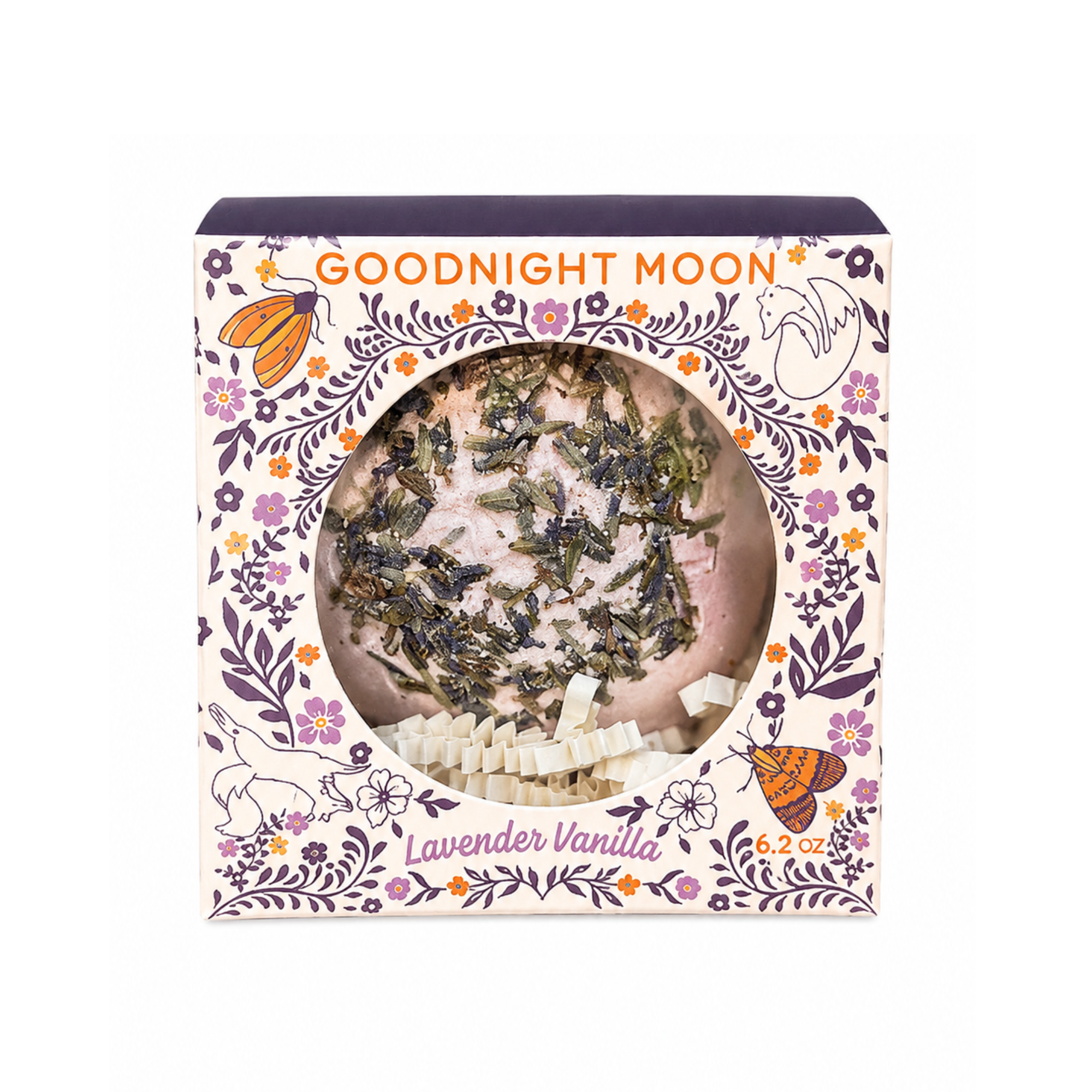 Goodnight Moon Lavender Vanilla handcrafted botanical bath bomb with dried lavender buds in a whimsical storybook gift box designed for a calming evening bath.
